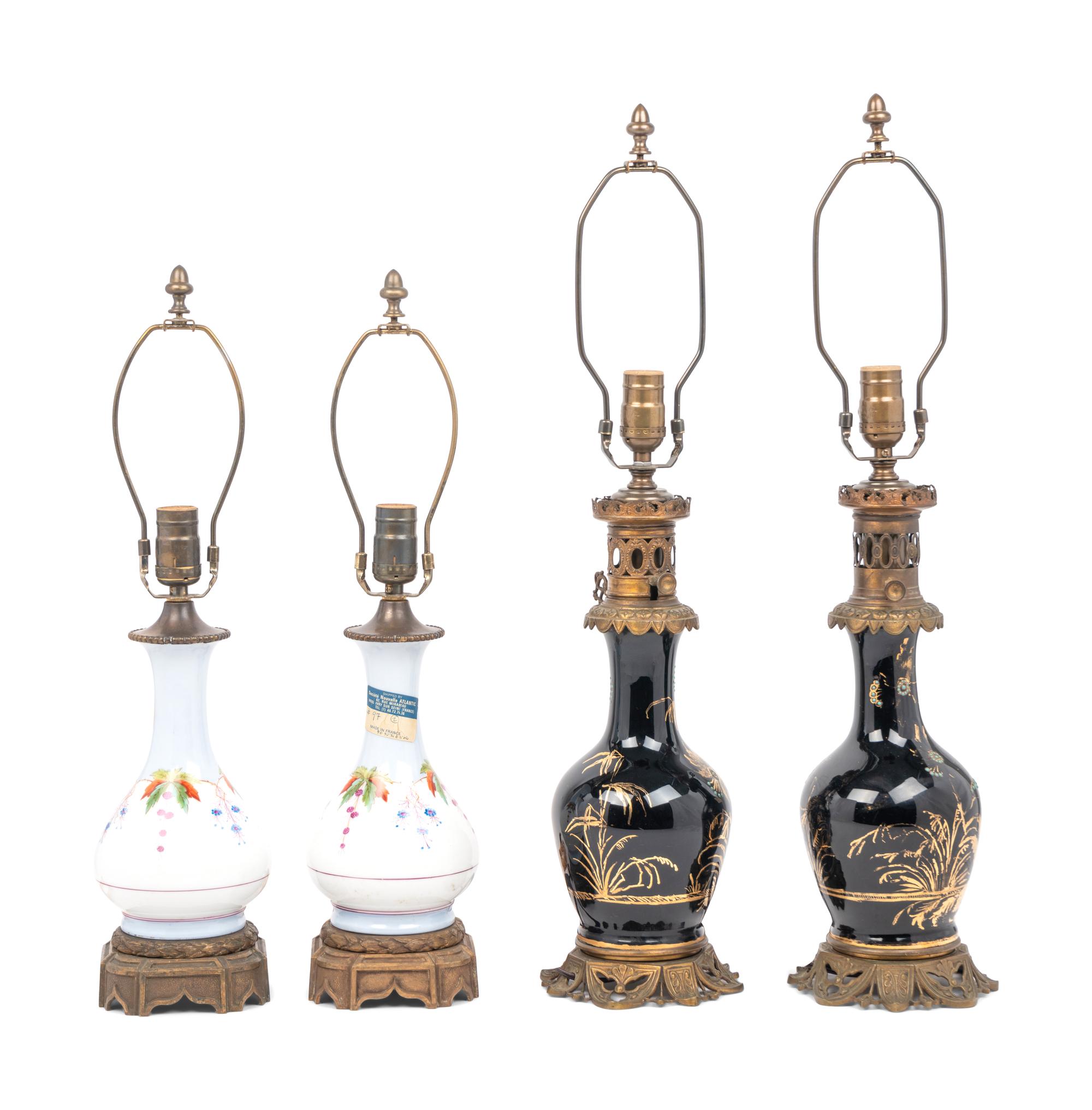 Two Pairs of French Enameled Glass Fluid Lamps Converted to Electricity