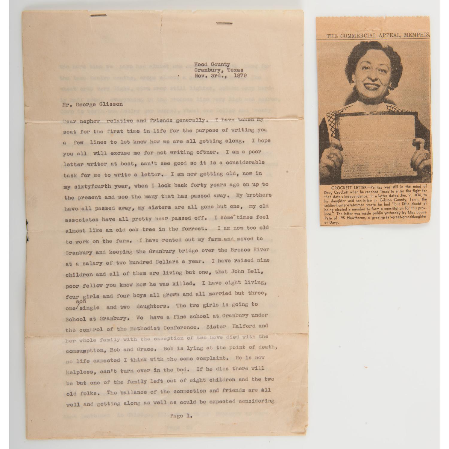 David Crockett's " Garden Spot of the World " Letter, Period Manuscript Copy Descended Directly in the Crockett Family