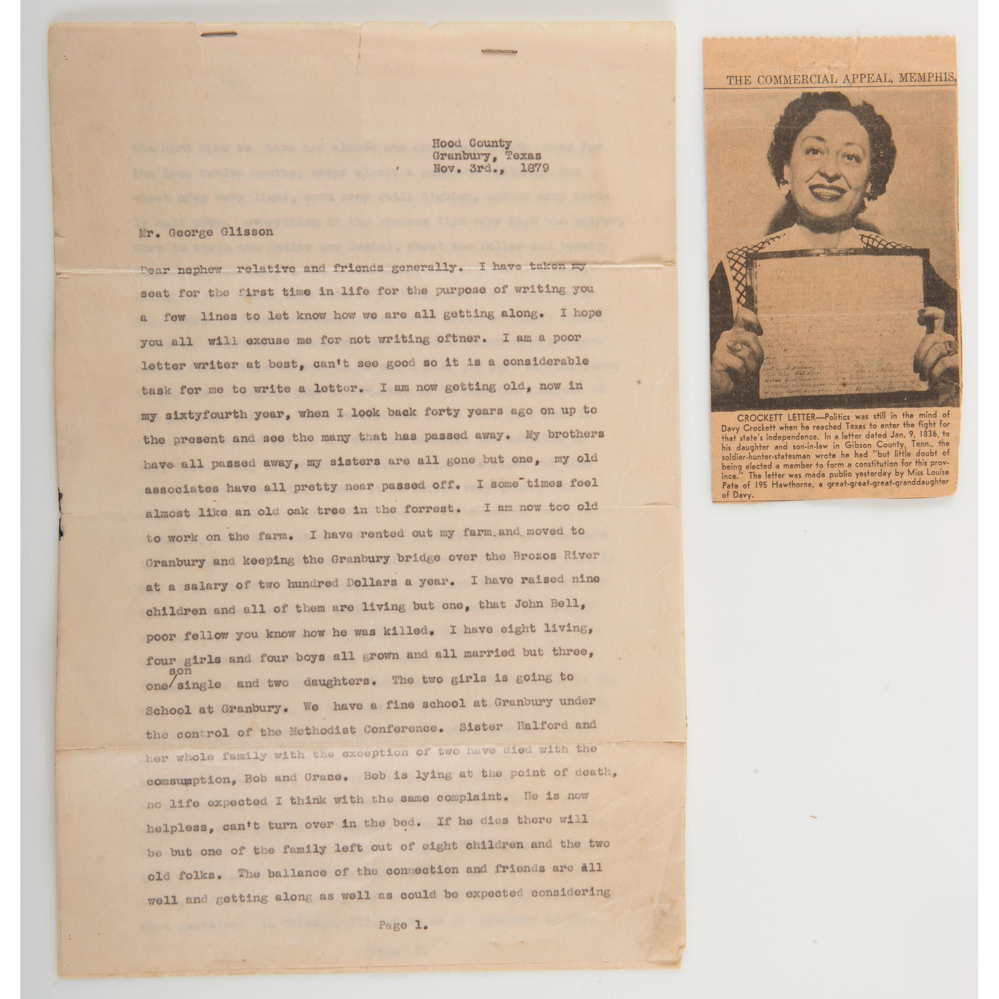 David Crockett's " Garden Spot of the World " Letter, Period Manuscript Copy Descended Directly in the Crockett Family
