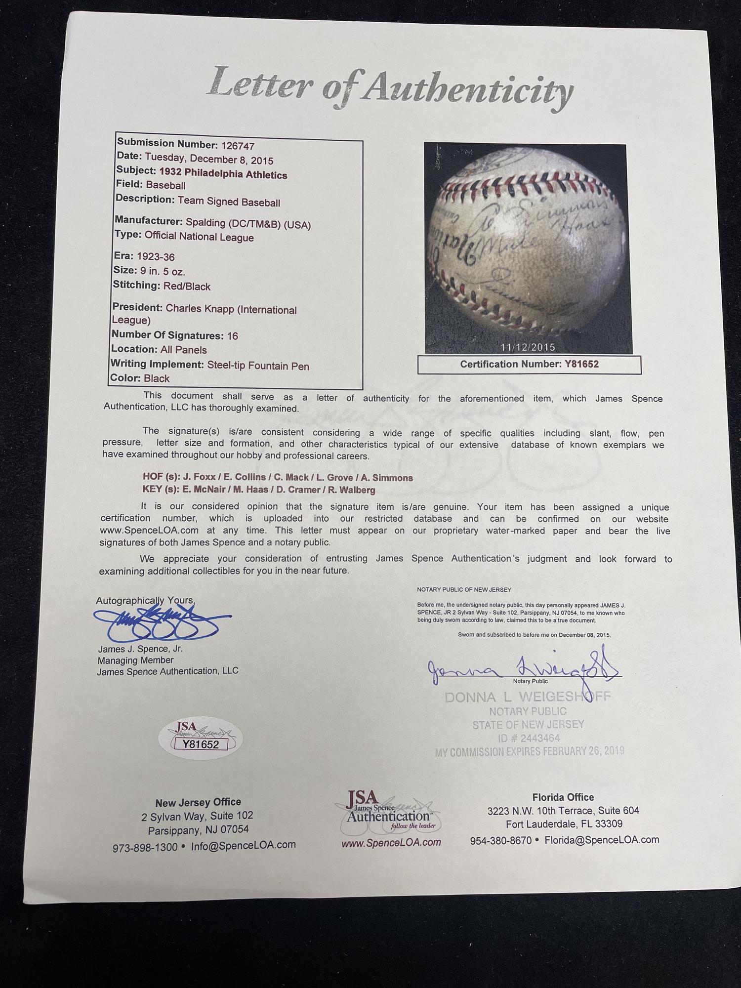 A 1932 Philadelphia Athletics Team Signed Autograph Baseball Featuring Jimmie Foxx, Eddie Collins, Connie Mack, Lefty Grove and Al Simmons (JSA Letter of Authenticity)