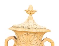 A Pair of Cast Terra Cotta Covered Garden Urns on Painted Wood Pedestals