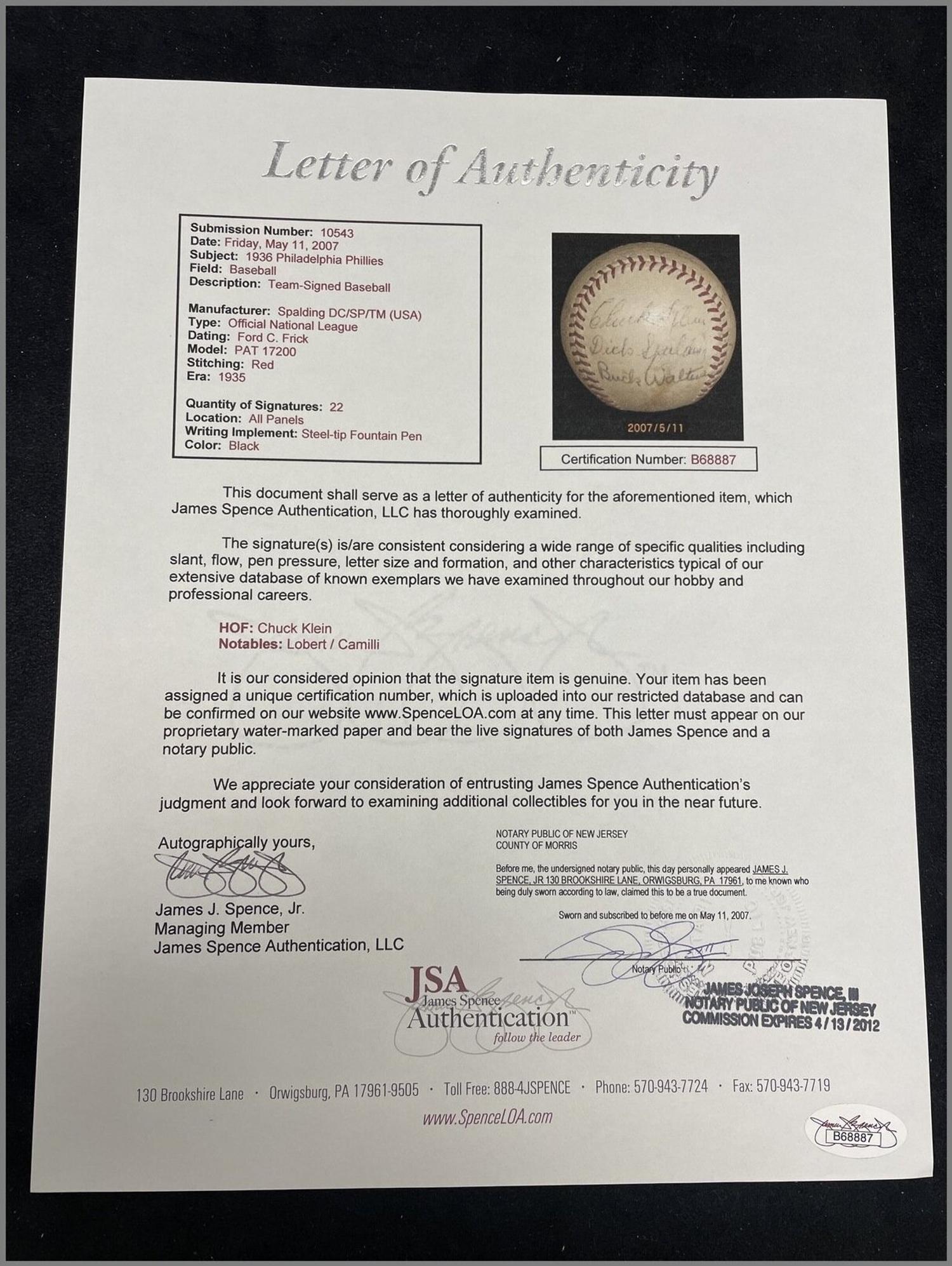 A 1936 Philadelphia Phillies Team Signed Autograph Baseball Featuring Chuck Klein (JSA Letter Of Authenticity)