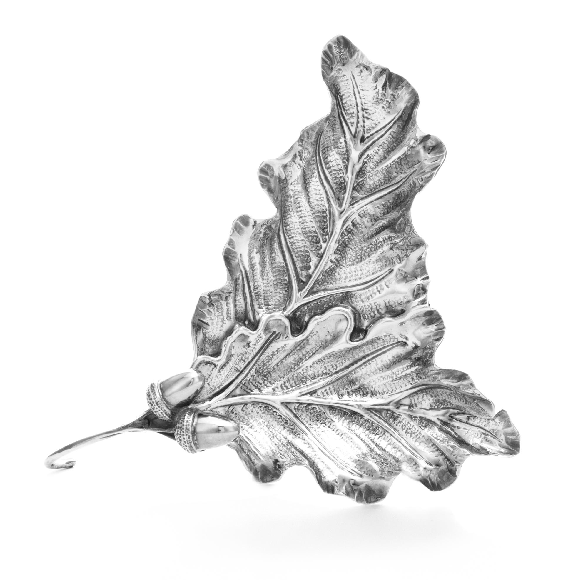 An Italian Silver Dish, Renato Raddi, Florence, 20th Century, in the form of a leaf with acorns.