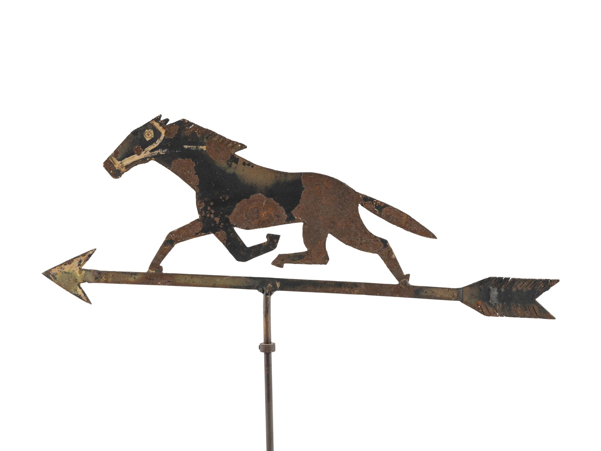 A Cut and Painted Sheet Iron Race Horse Weathervane