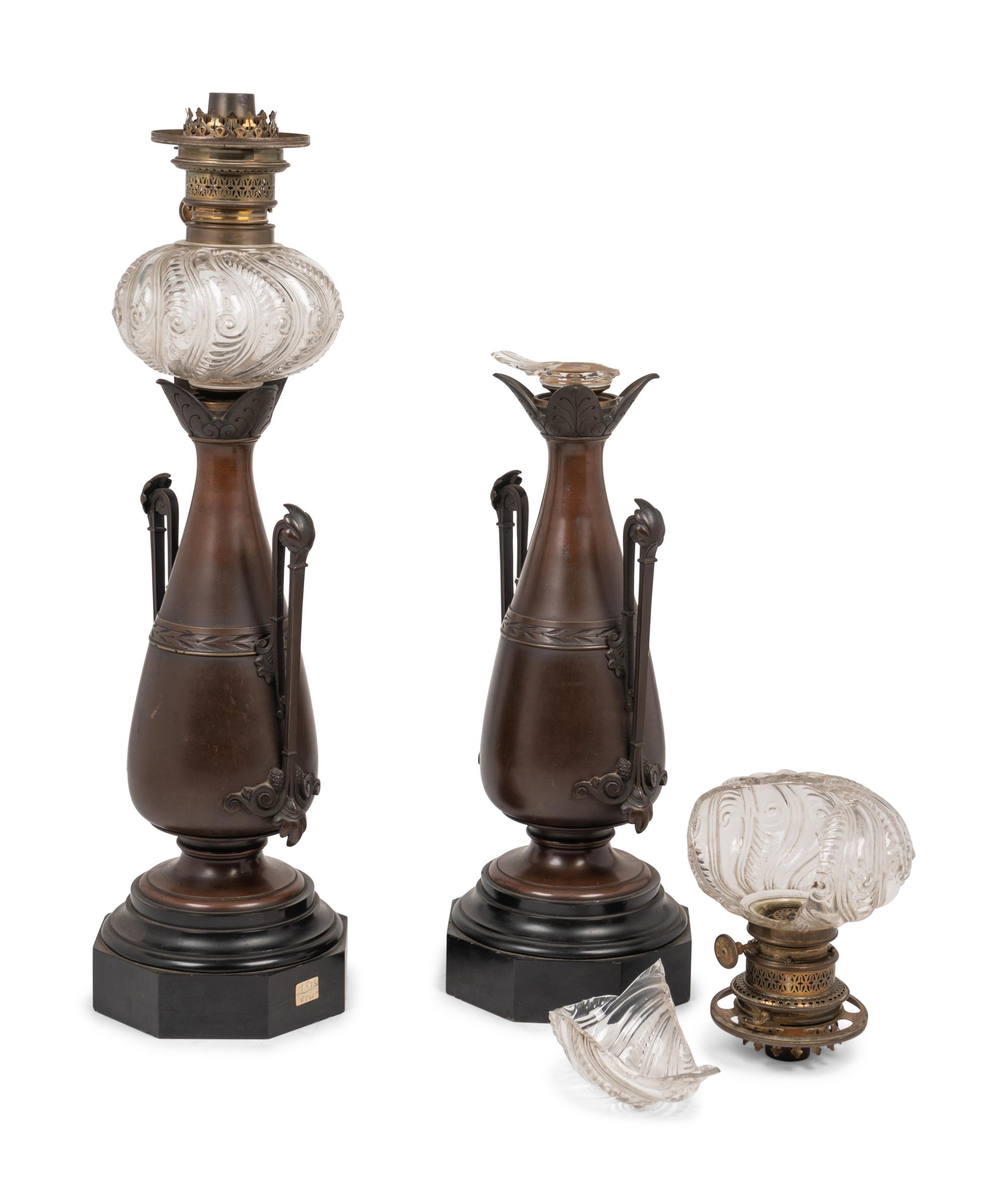 A Pair of French Neoclassical Bronze and Cut Glass Fluid Lamps Converted to Electricity