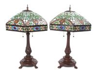 A Pair of American Leaded Glass Table Lamps Height 27 inches.