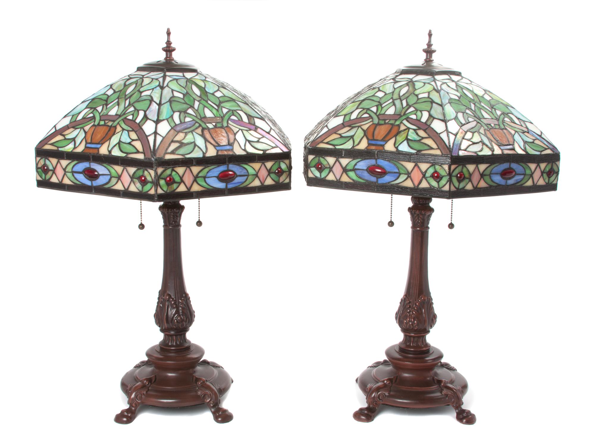 A Pair of American Leaded Glass Table Lamps Height 27 inches.