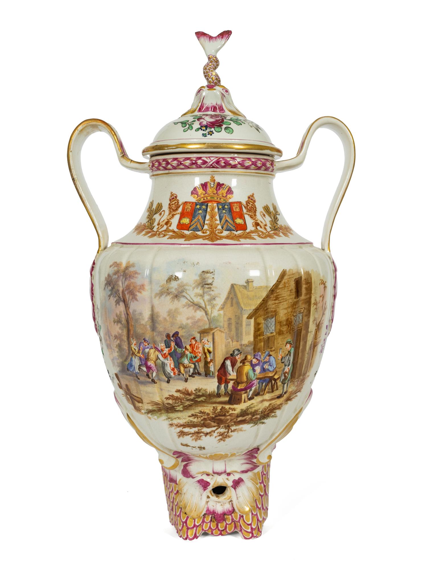 A Continental Polychrome Decorated Parcel Gilt Faience Corner Lavabo and Basin