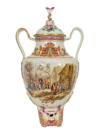 A Continental Polychrome Decorated Parcel Gilt Faience Corner Lavabo and Basin