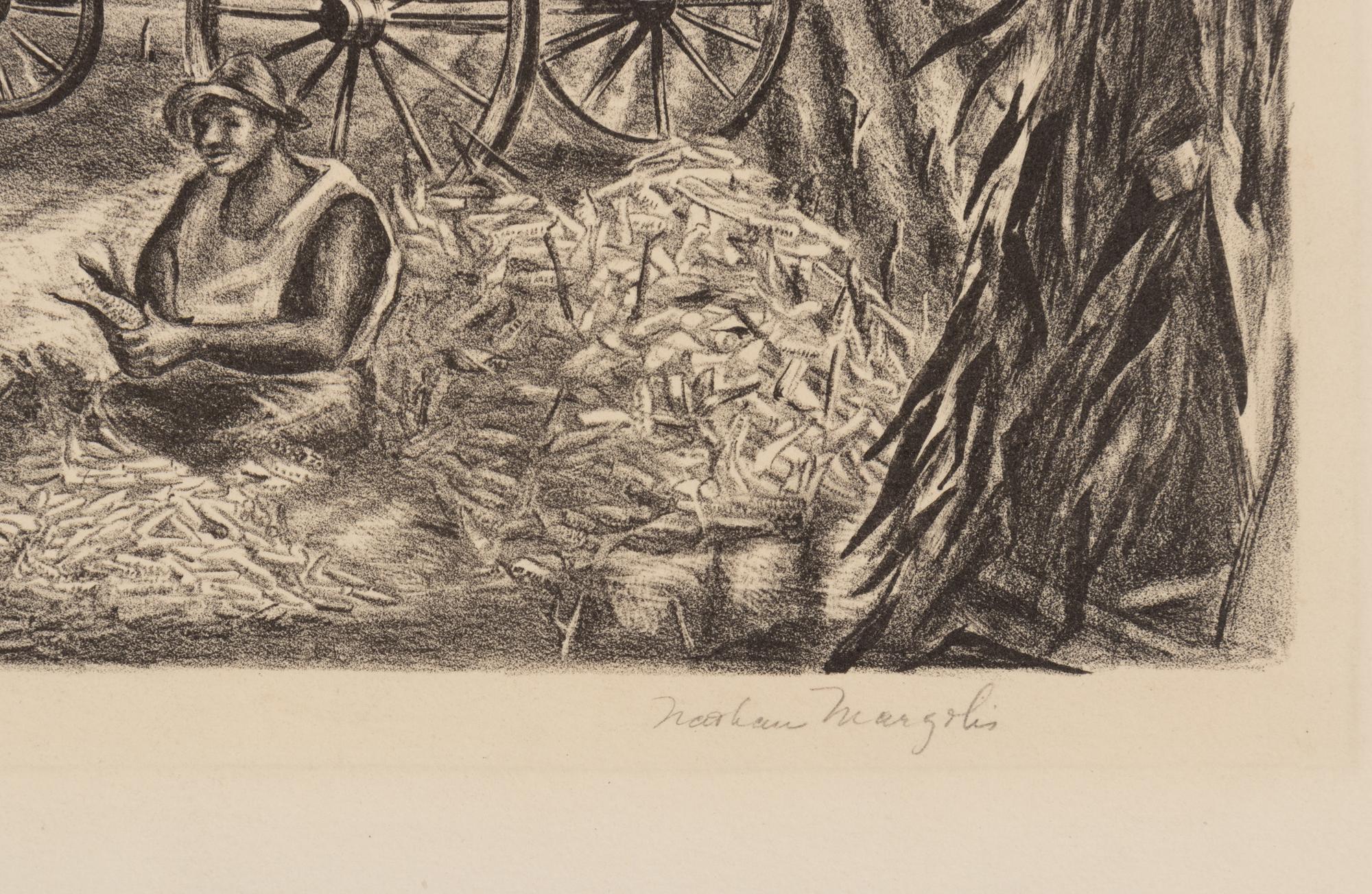 A group of six American prints (Emile Gruppe, Country Scene with Houses ; Nathan Margolies, Cornhuskers ; Leo Meissner, Jeter Spivey's Place ; Darwin Musselman, Going Home ; Thomas Nason, Haystacks ; Julius Tanzer, New England Yard )