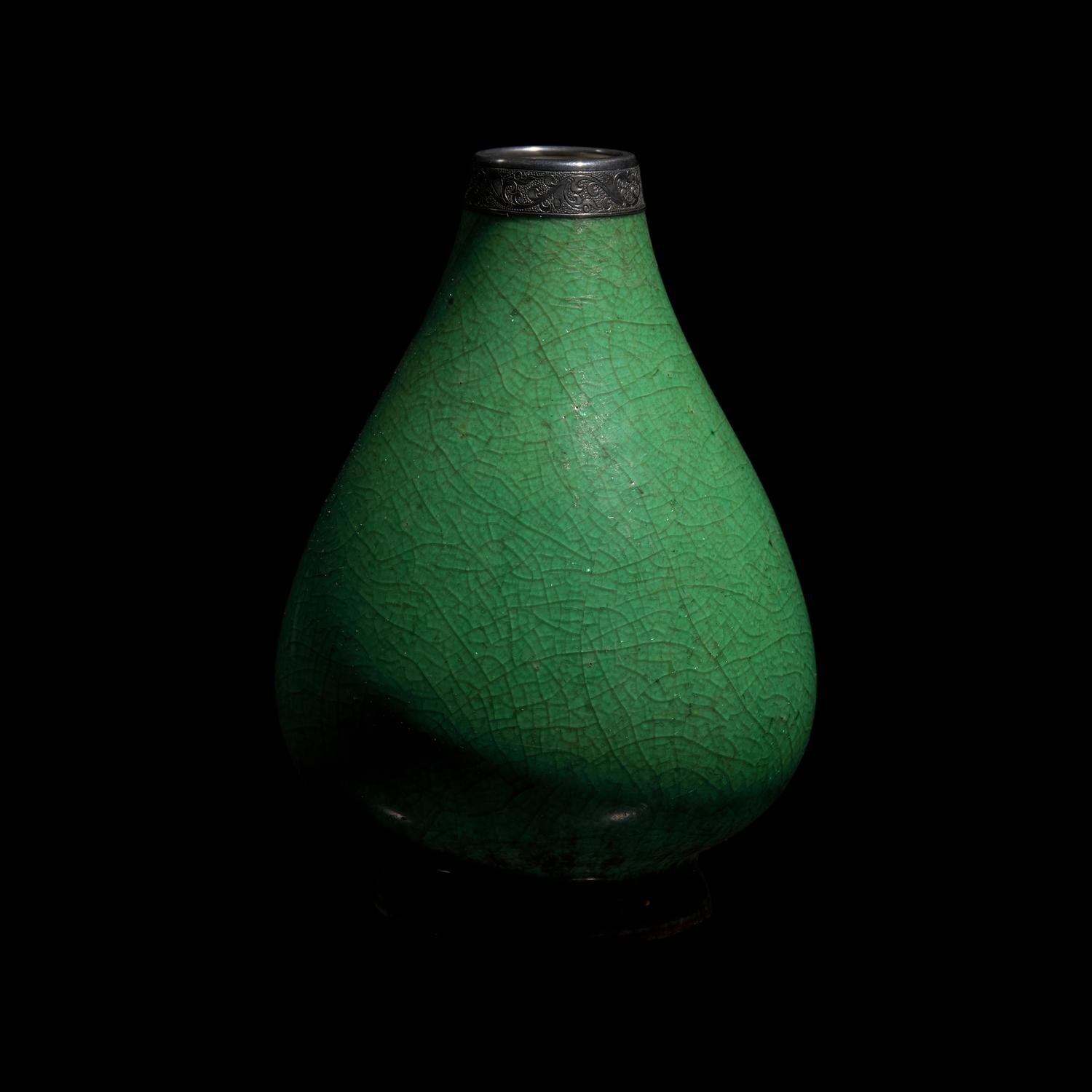 A Chinese Silver Mounted Green Langyao- Type Porcelain Vase, 18th Century 清中期 鑲銀口 綠 朗窯瓶