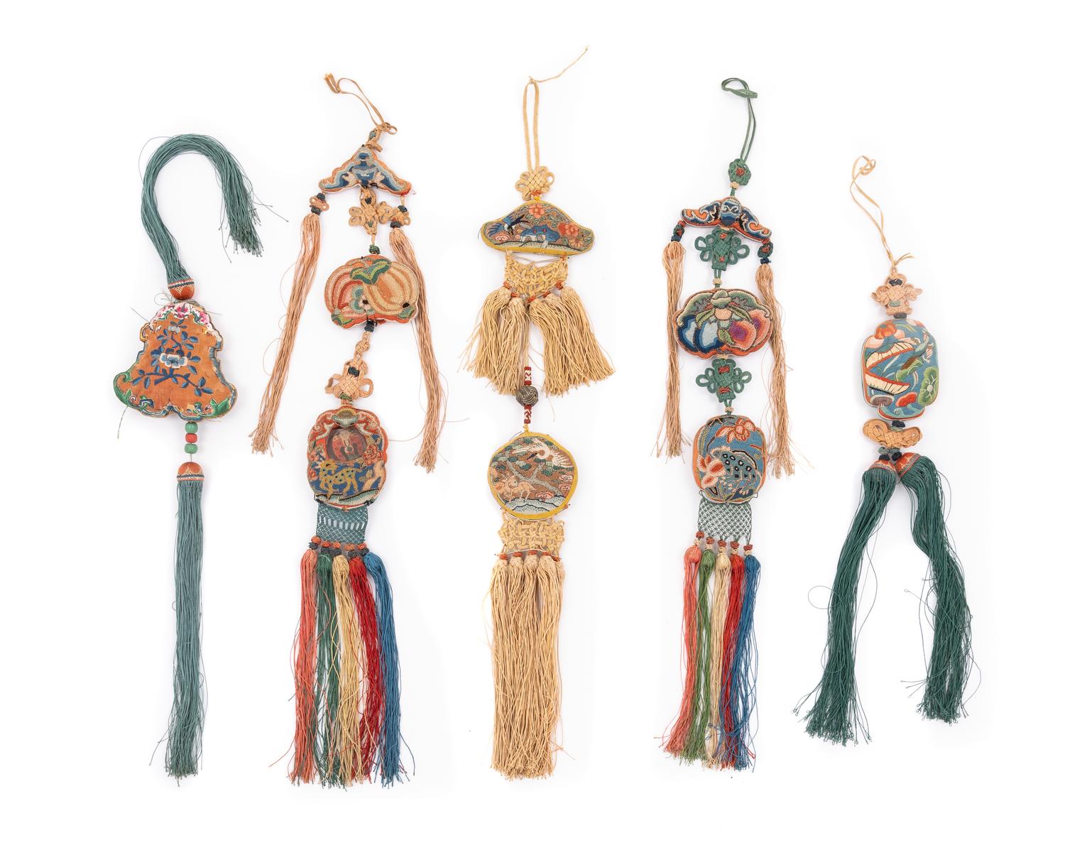 Five Chinese Embroidered Silk Pendants
