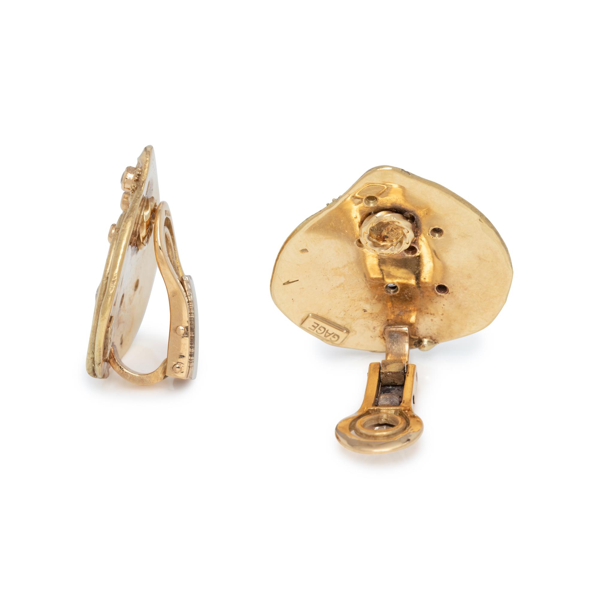 ELIZABETH GAGE, YELLOW GOLD AND DIAMOND EARCLIPS