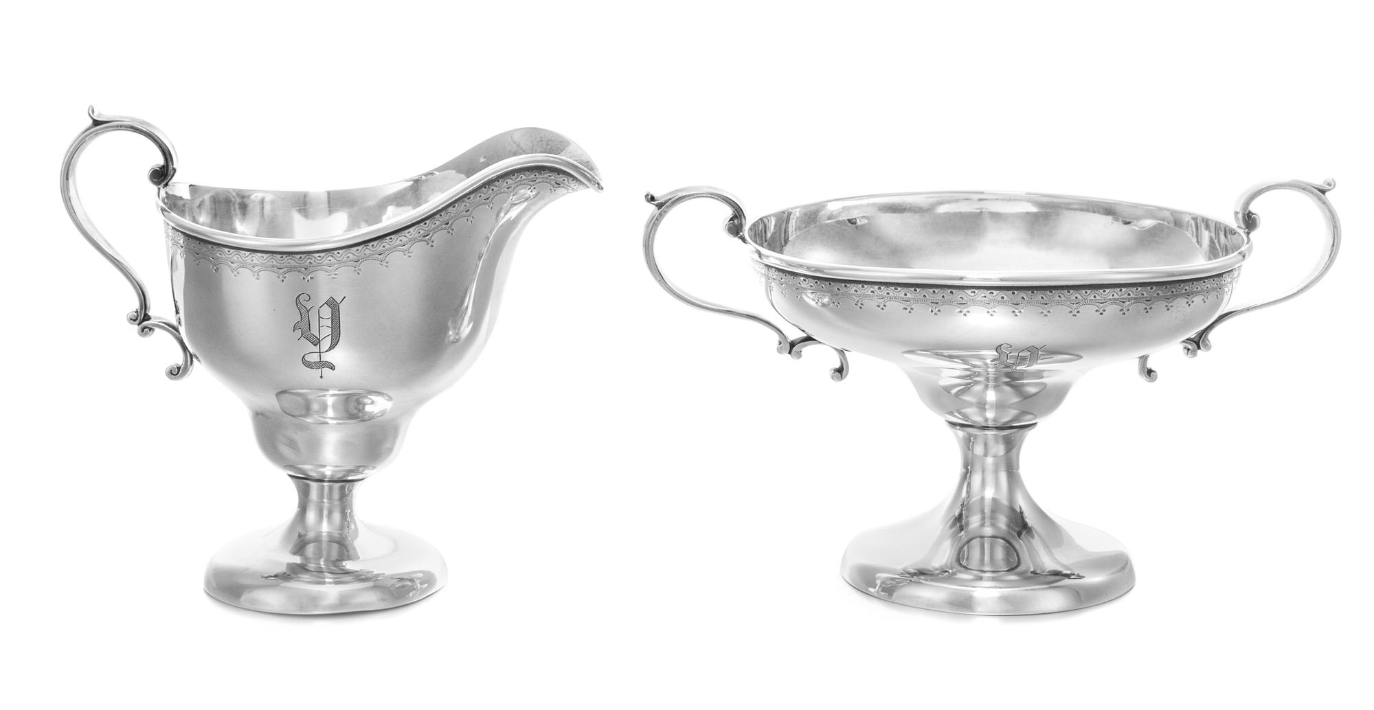 Two American Silver Table Articles, , comprising a creamer and a compote, each with a rim worked to show geometric banding.