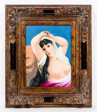 A Pair of Continental Porcelain Painted Plaques Height of larger 15 1/2 x width 12 1/4 inches.