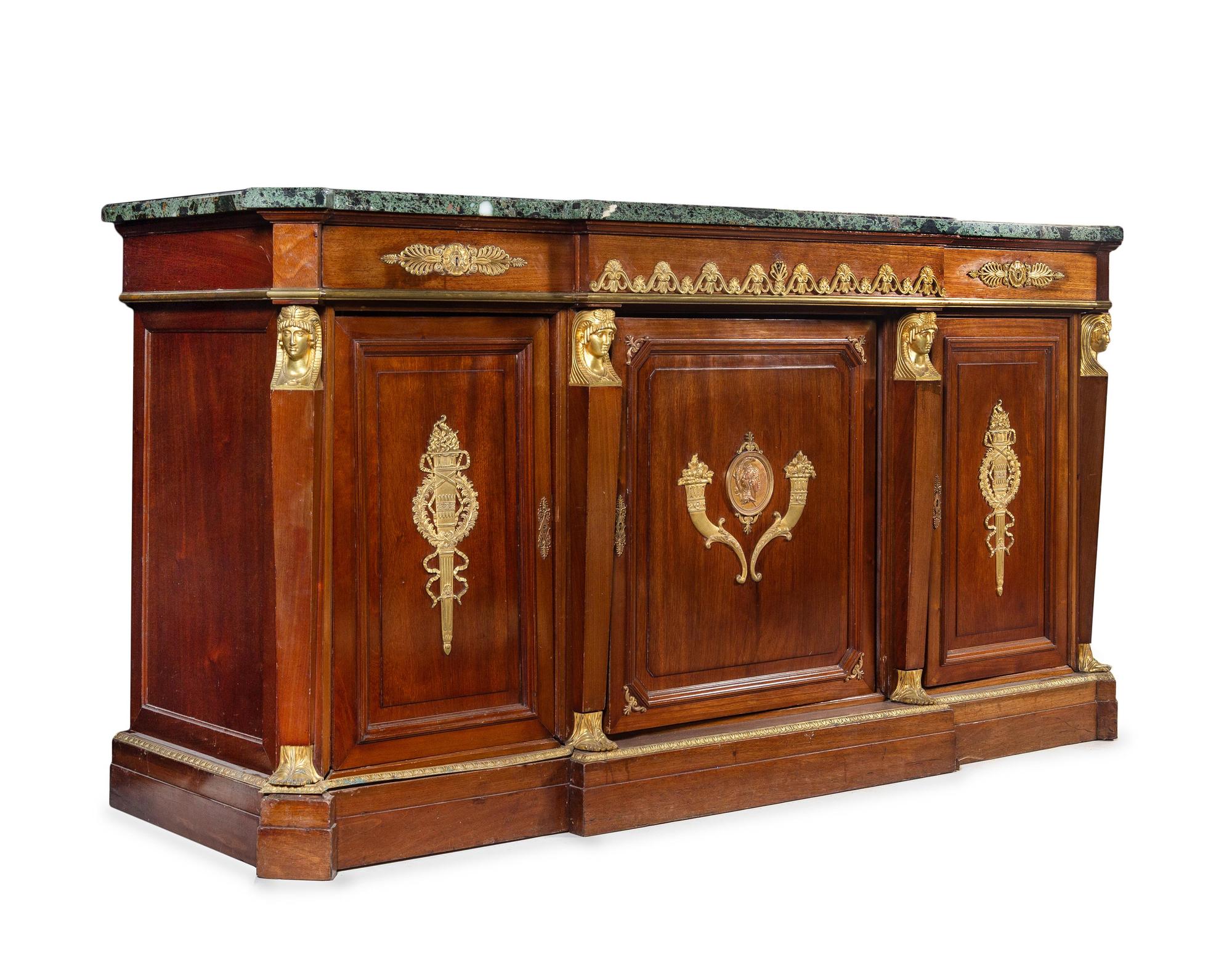 An Empire Gilt Bronze Mounted Mahogany and Marble-Top Sideboard