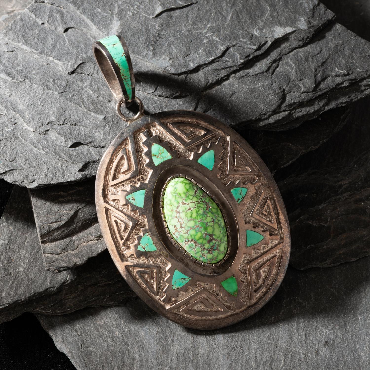 Tommy Jackson (Diné, b. 1958) — Sterling Silver and Carrico Lake Turquoise Pendant