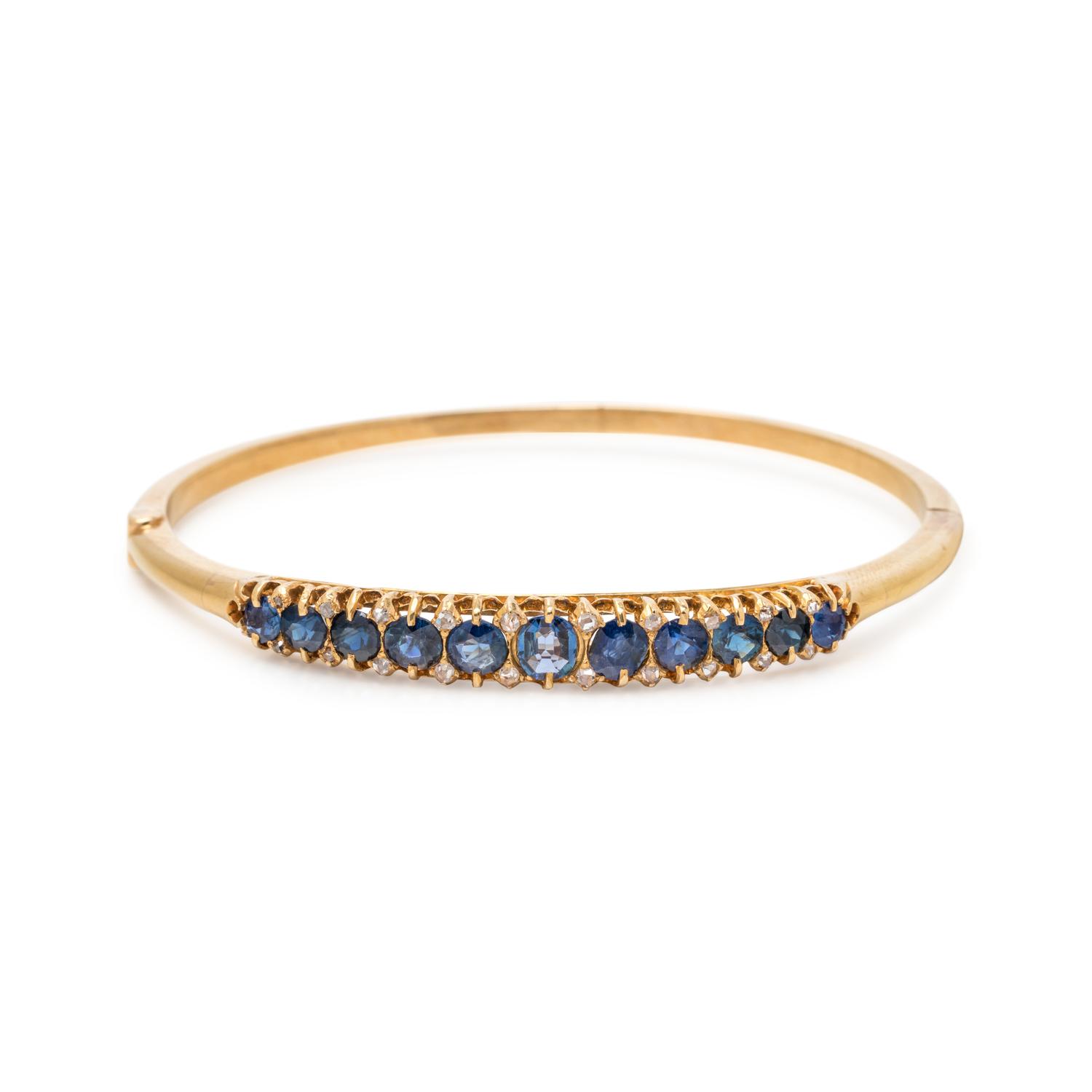 ANTIQUE, YELLOW GOLD, SAPPHIRE AND DIAMOND BANGLE BRACELET