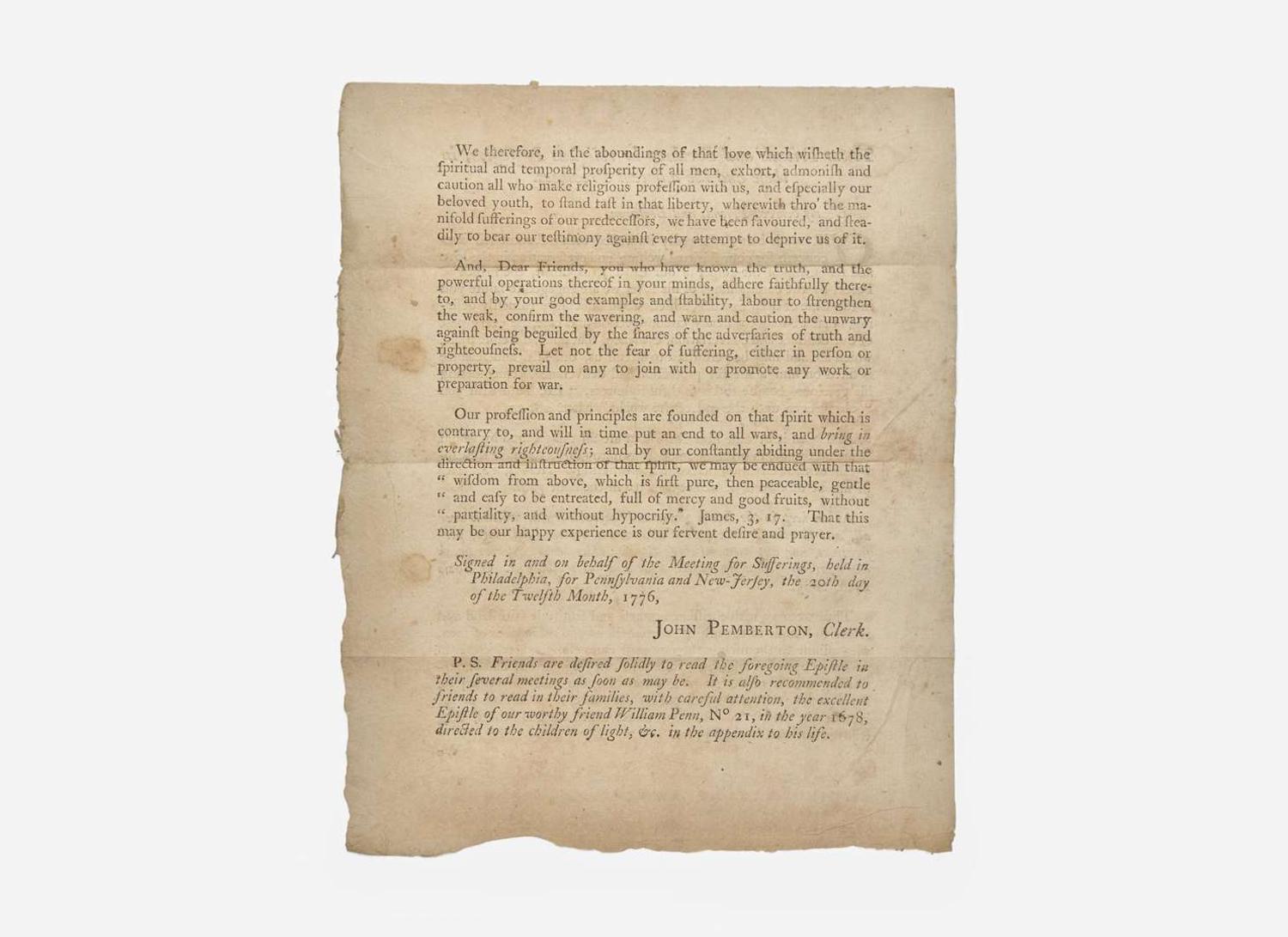 [American Revolution] Pemberton, John: To our Friends and Brethren in religious Profession, in these and the adjacent Provinces...