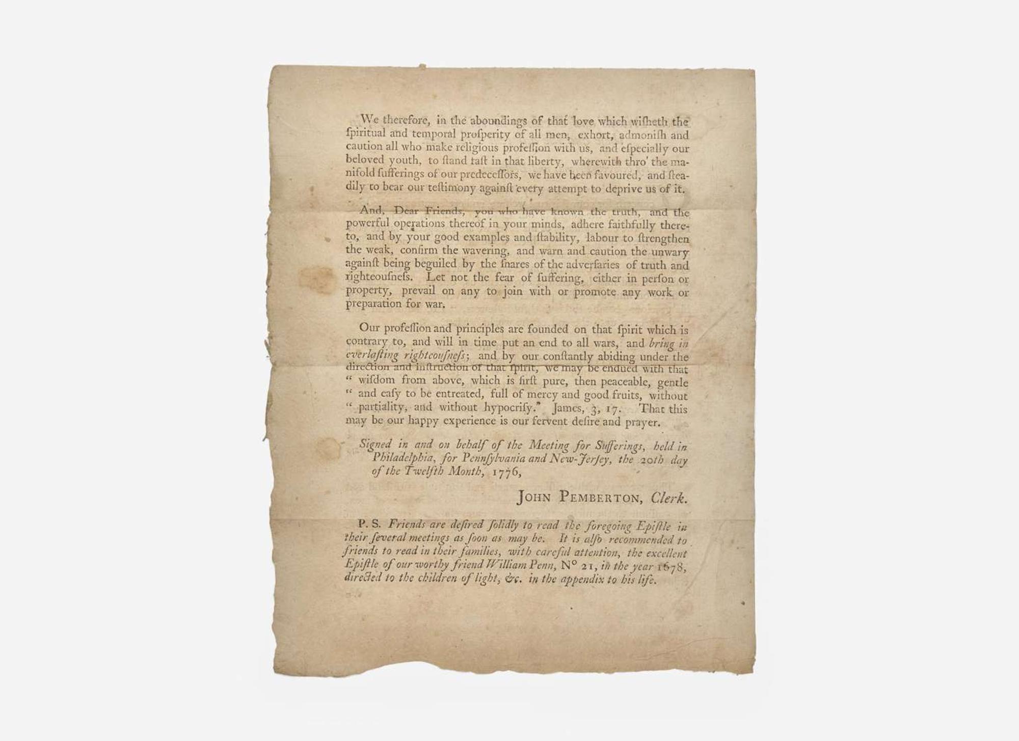 [American Revolution] Pemberton, John: To our Friends and Brethren in religious Profession, in these and the adjacent Provinces...