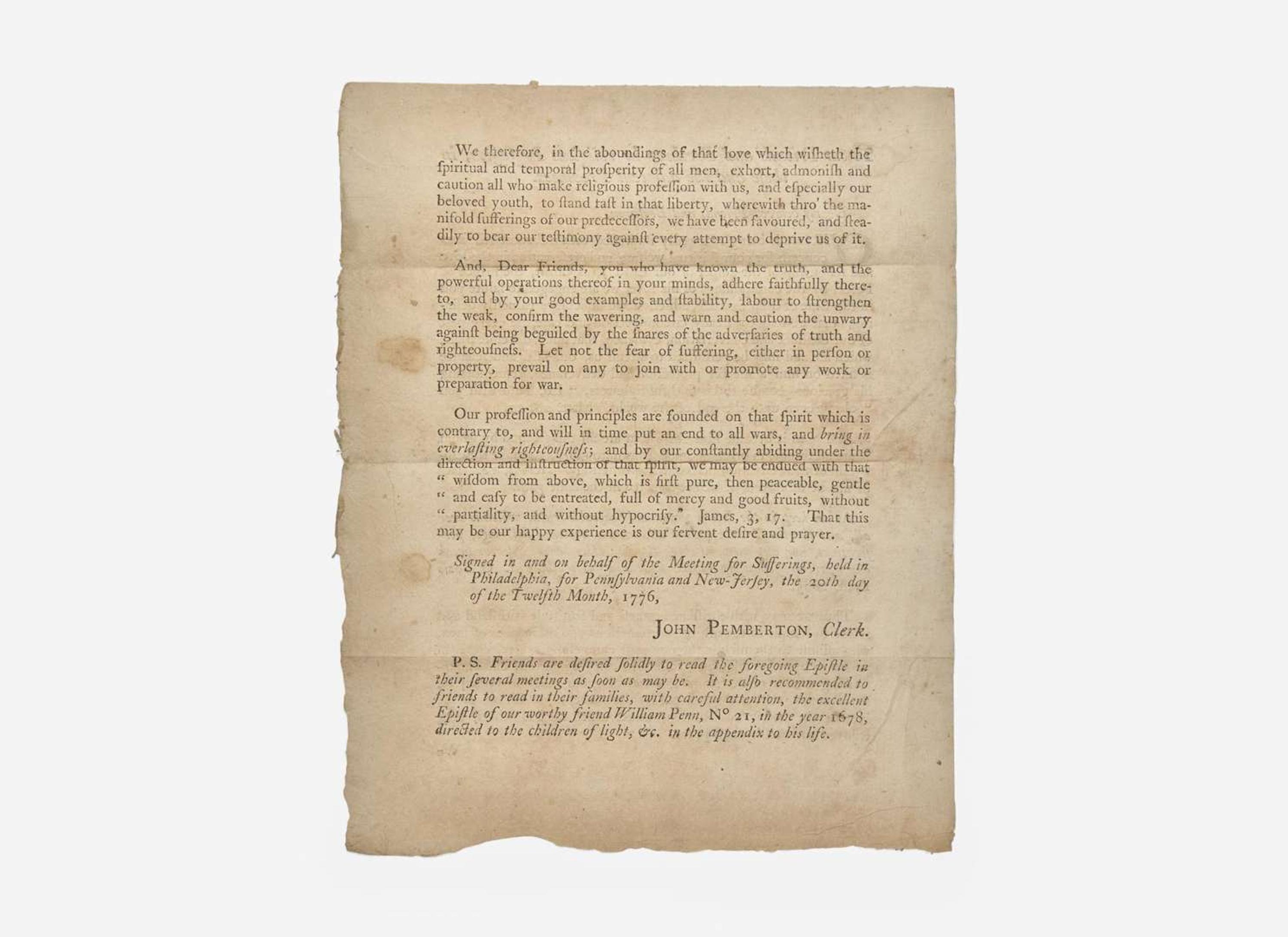 [American Revolution] Pemberton, John: To our Friends and Brethren in religious Profession, in these and the adjacent Provinces...