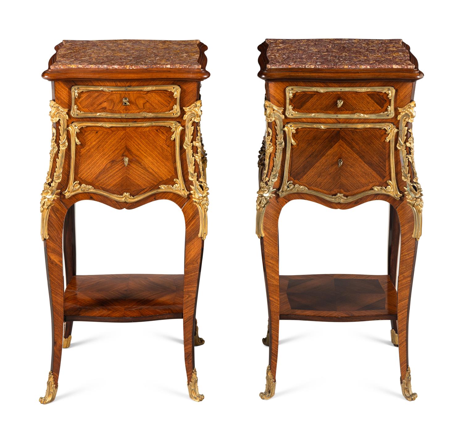 A Pair of Louis XV Style Gilt Bronze Mounted Marble-Top Tables