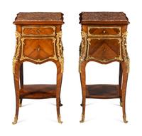 A Pair of Louis XV Style Gilt Bronze Mounted Marble-Top Tables