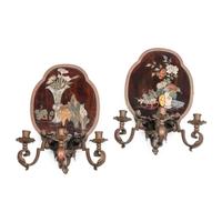 A Pair of Patinated Bronze and Chinoiserie Decorated Three-Light Sconces