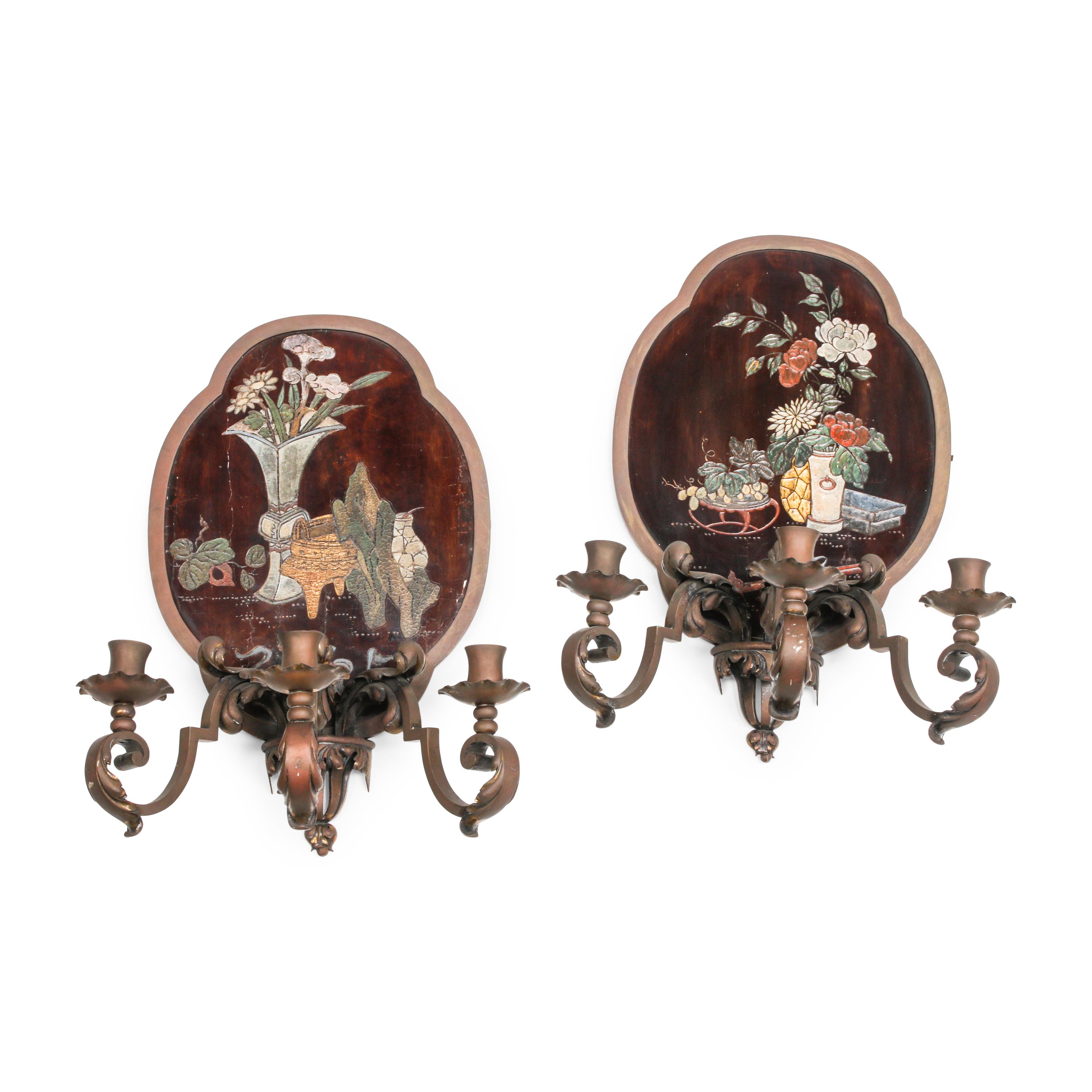 A Pair of Patinated Bronze and Chinoiserie Decorated Three-Light Sconces