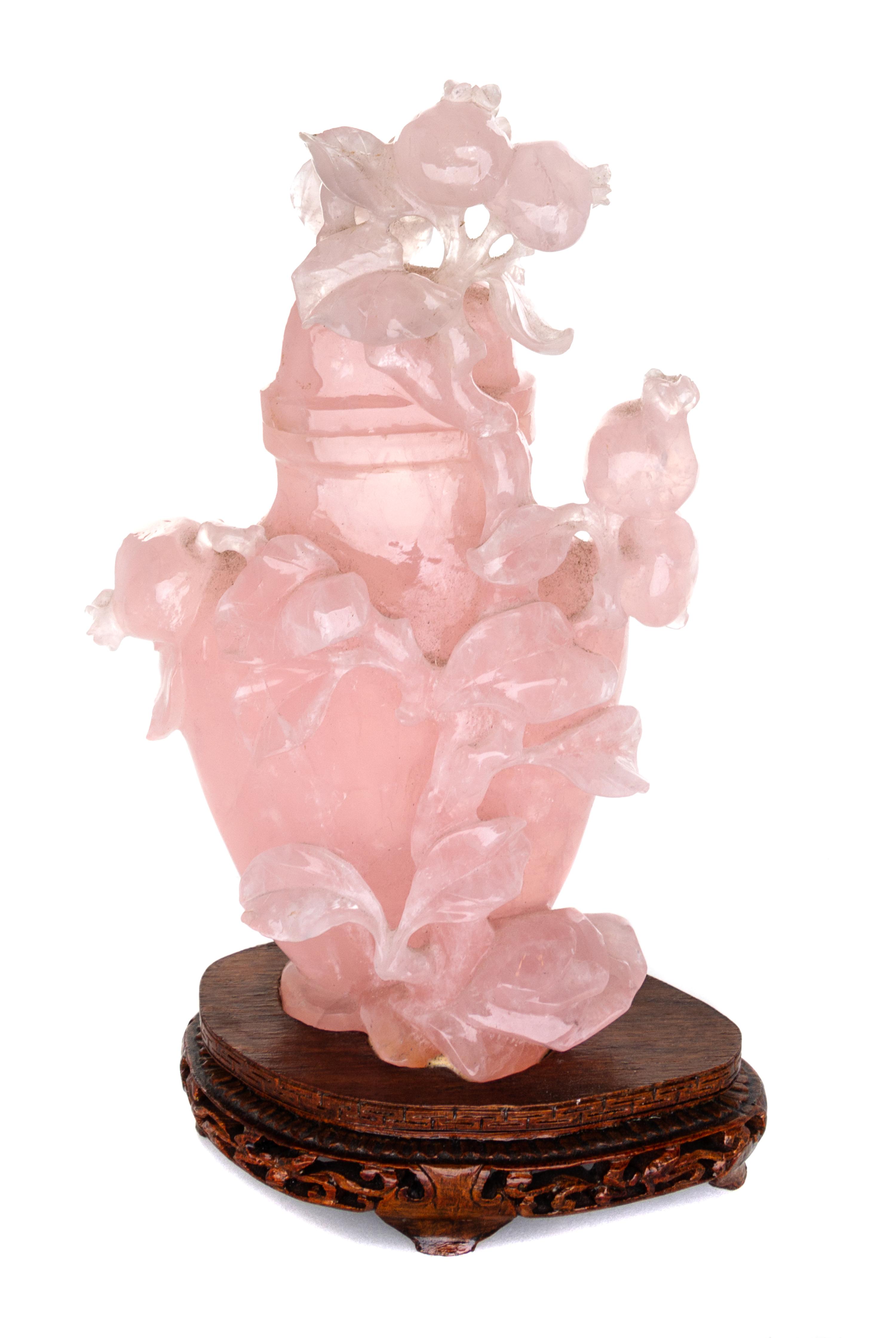 A Chinese Carved Rose Quartz Covered Vase Height 8 inches. — 19TH CENTURY