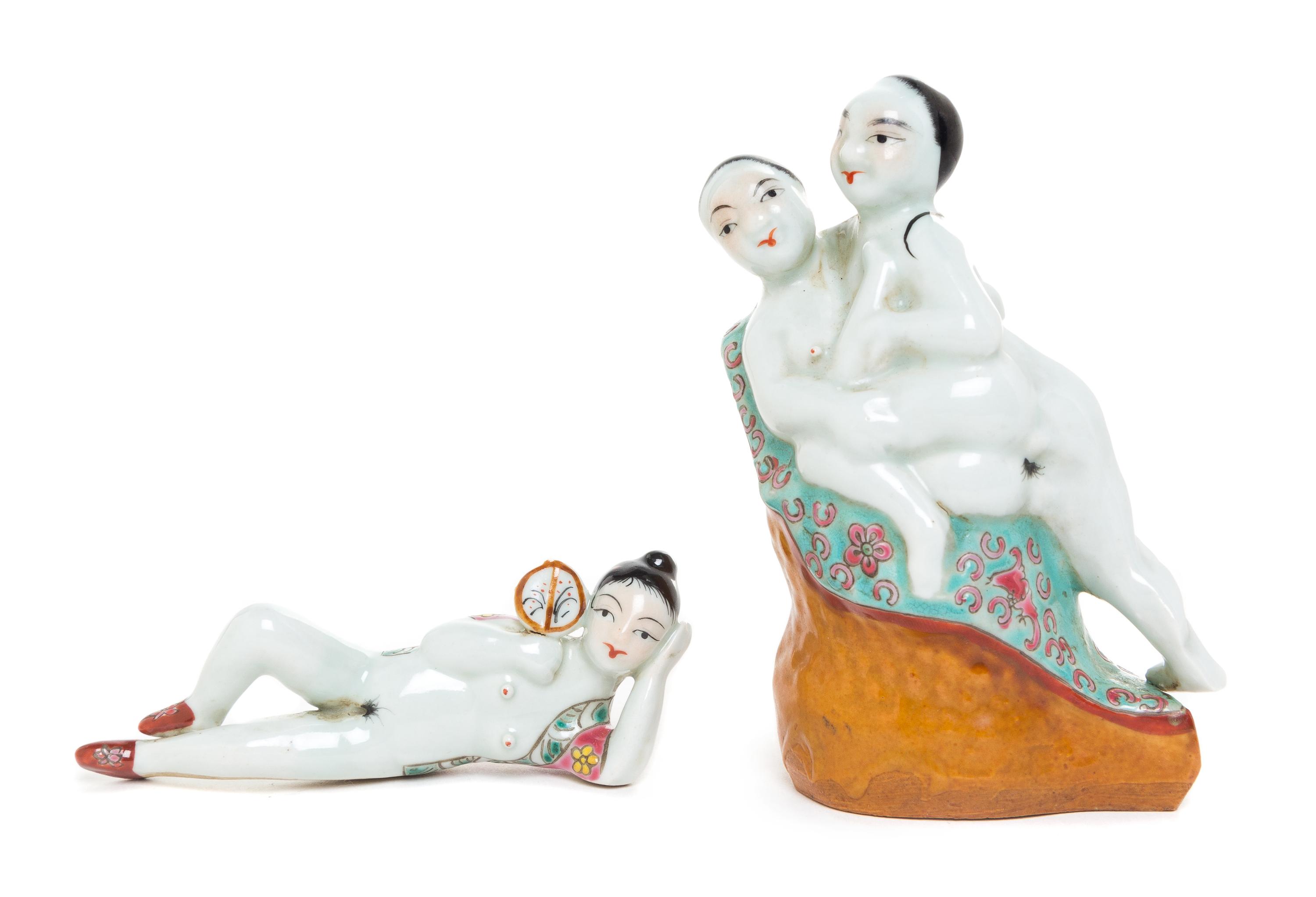 Two Famille Rose Porcelain Erotic Figures Height of larger 4 3/4 inches. — REPUBLIC PERIOD