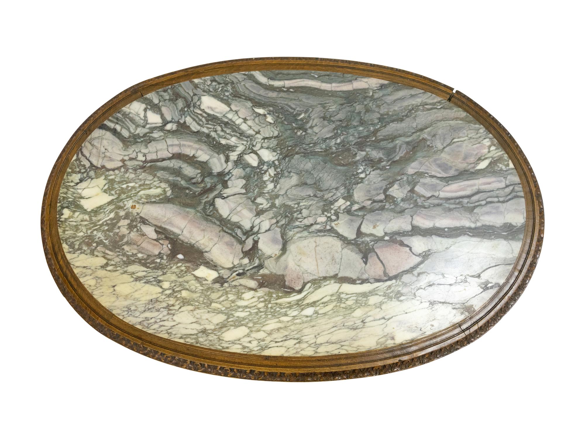 A Louis XVI Style Carved Oak Marble Top Parlor Table