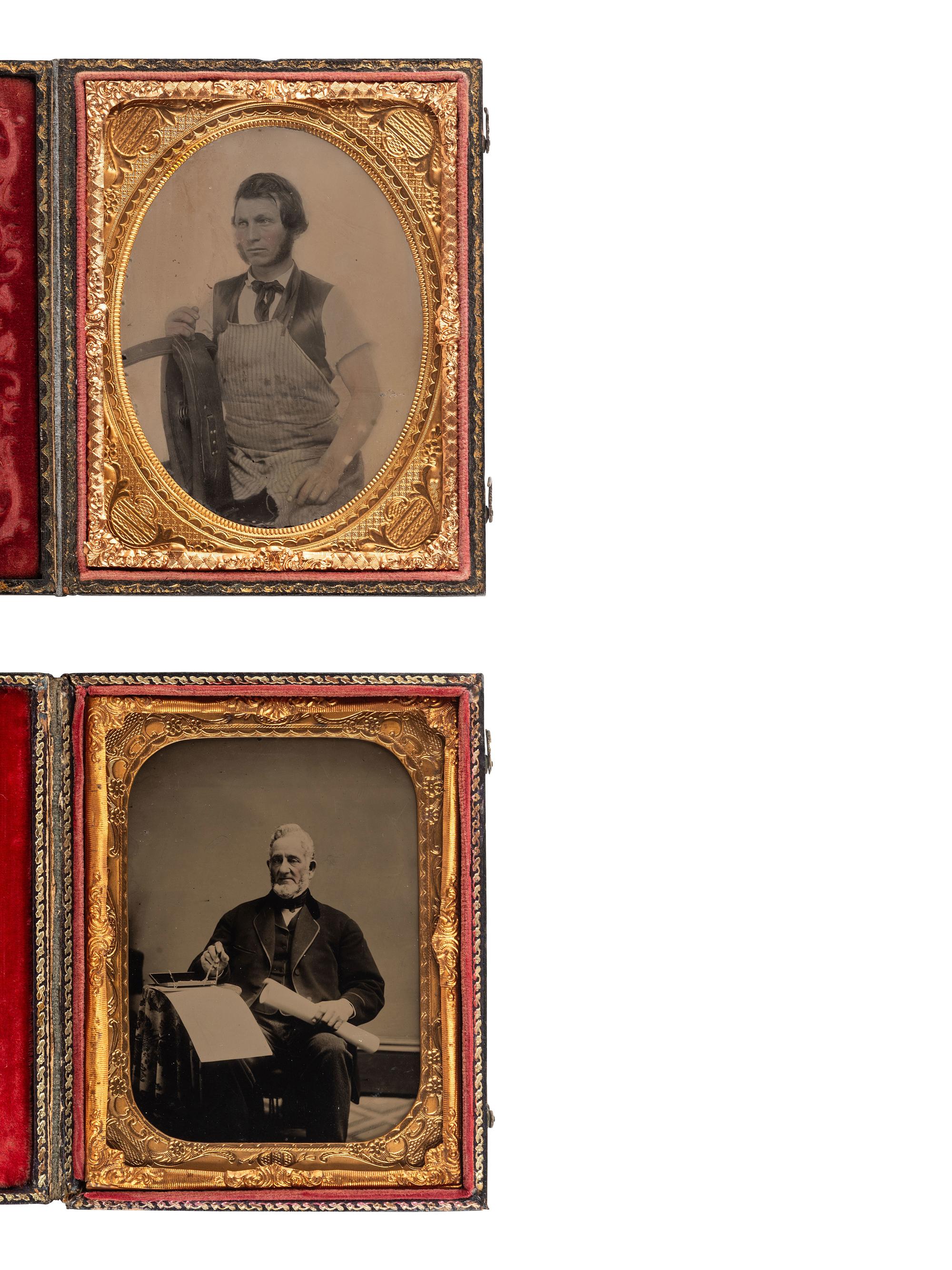 [EARLY PHOTOGRAPHY]. 2 quarter plate occupational portraits, including ambrotype of a harness maker