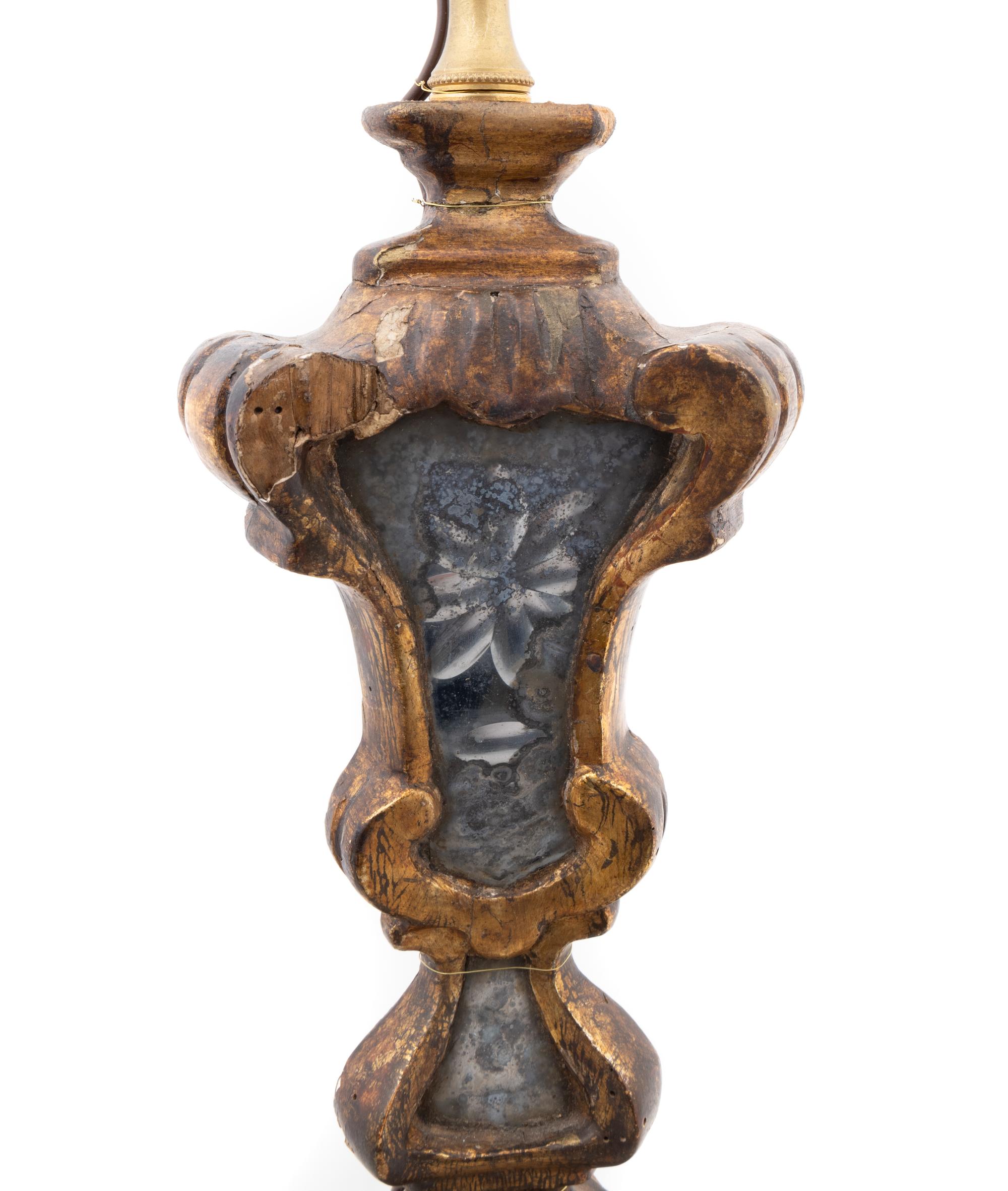 An Italian Painted Wood and Etched Glass Pricket Stick