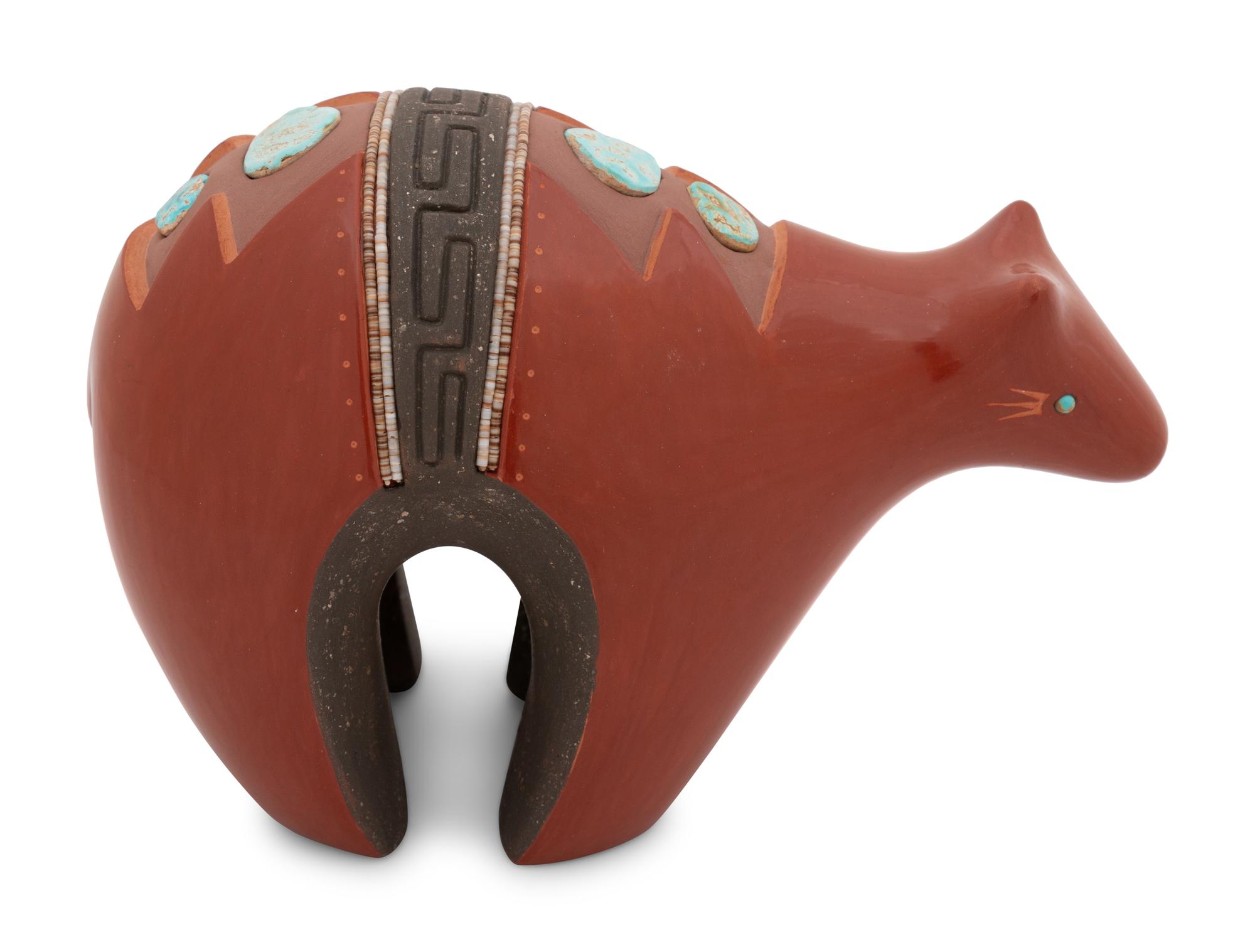 Redware Pottery Bear, with Turquoise and Heishi