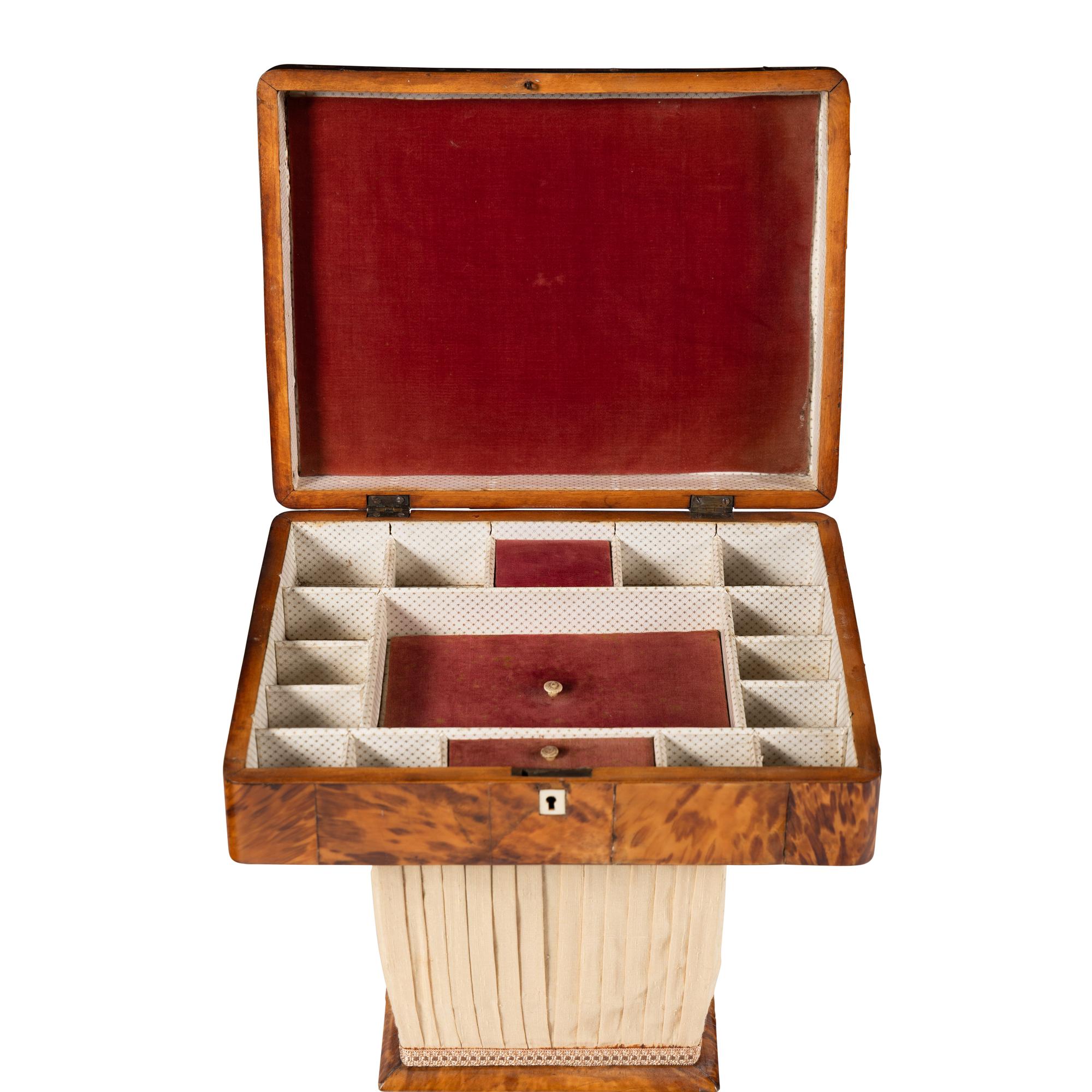 An English Tortoise Shell Veneered Needlework Box on Stand