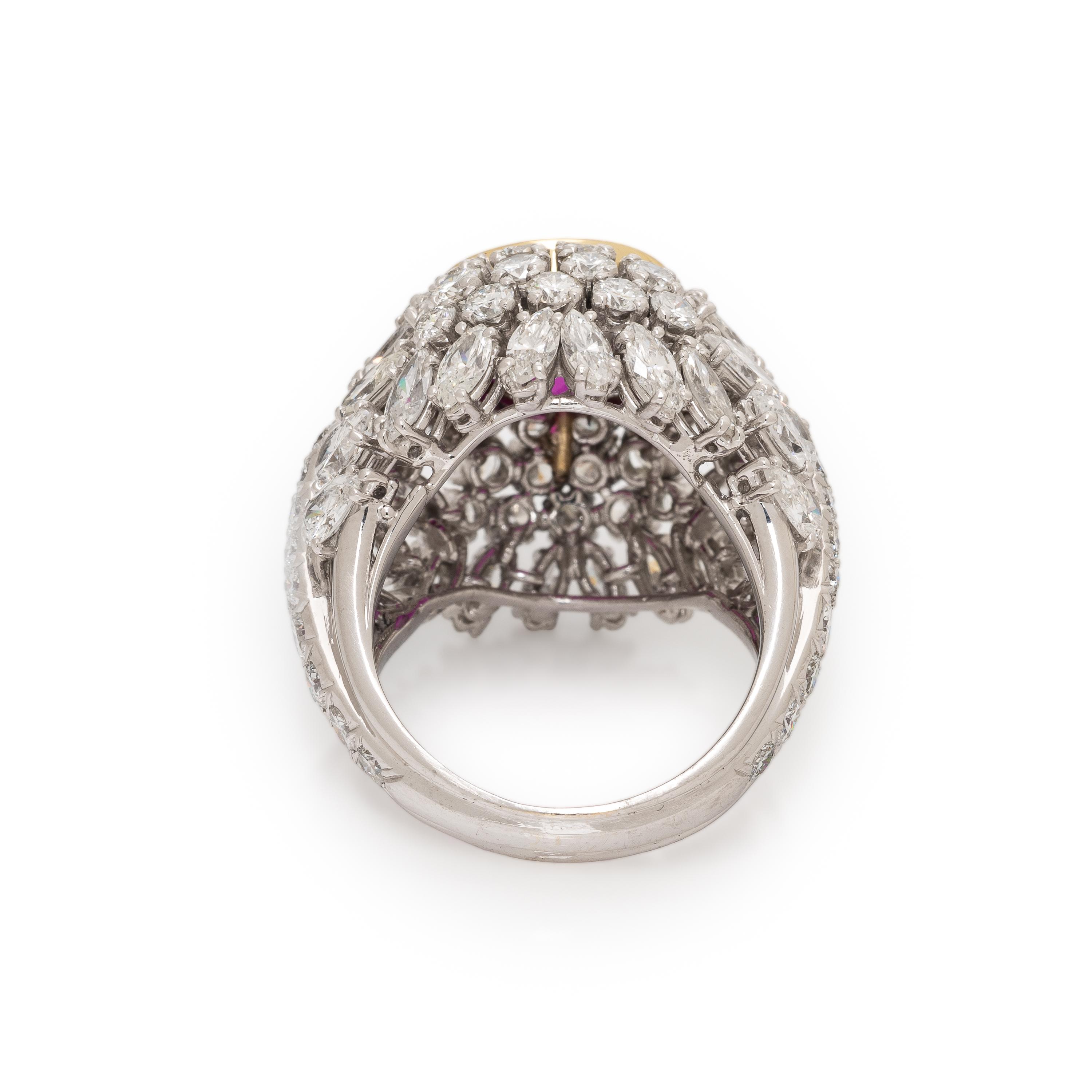 Synthetic Pink Sapphire, Diamond, and Platinum Bombé Ring
