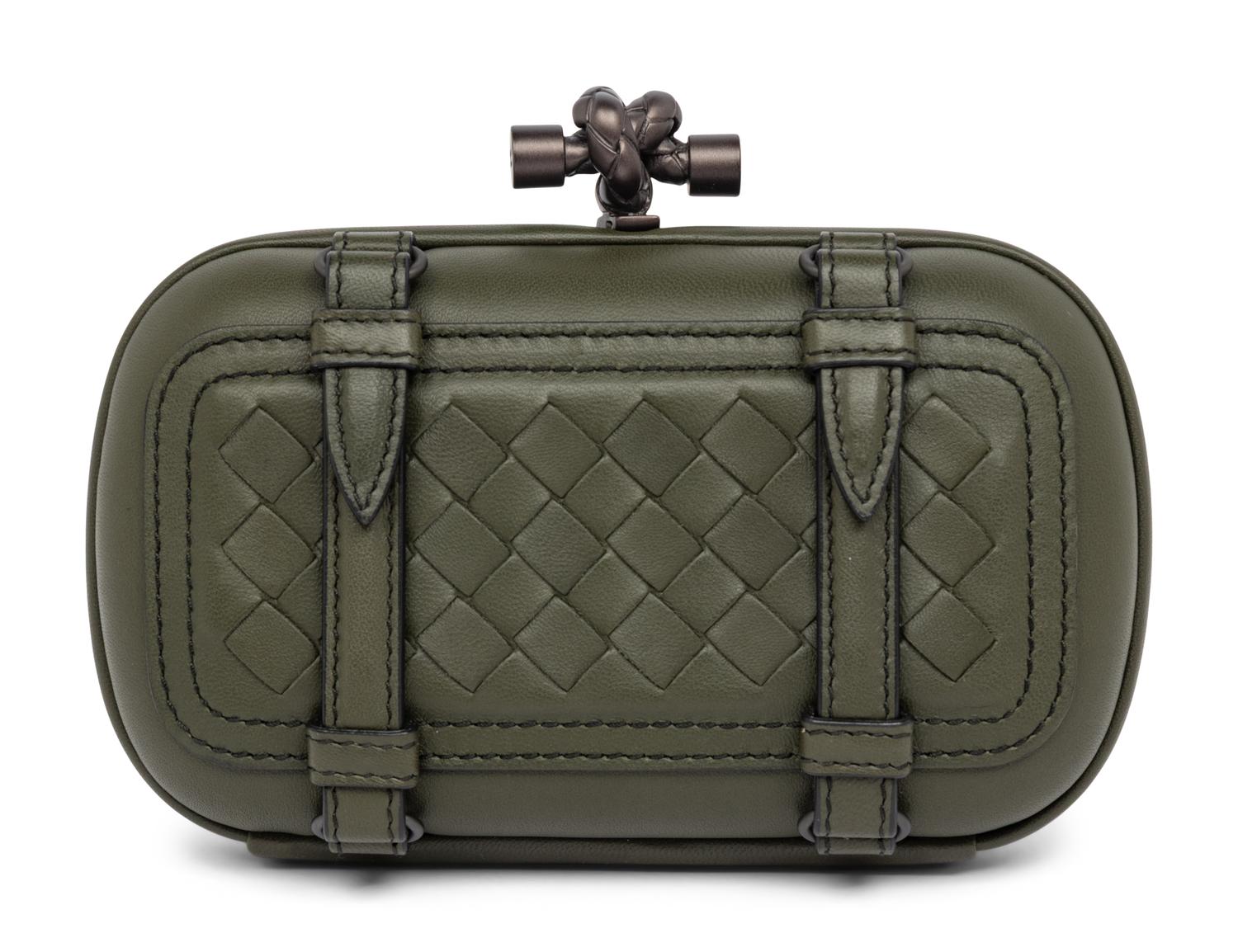 BOTTEGA VENETA, OLIVE GREEN BUCKLED KNOT CLUTCH