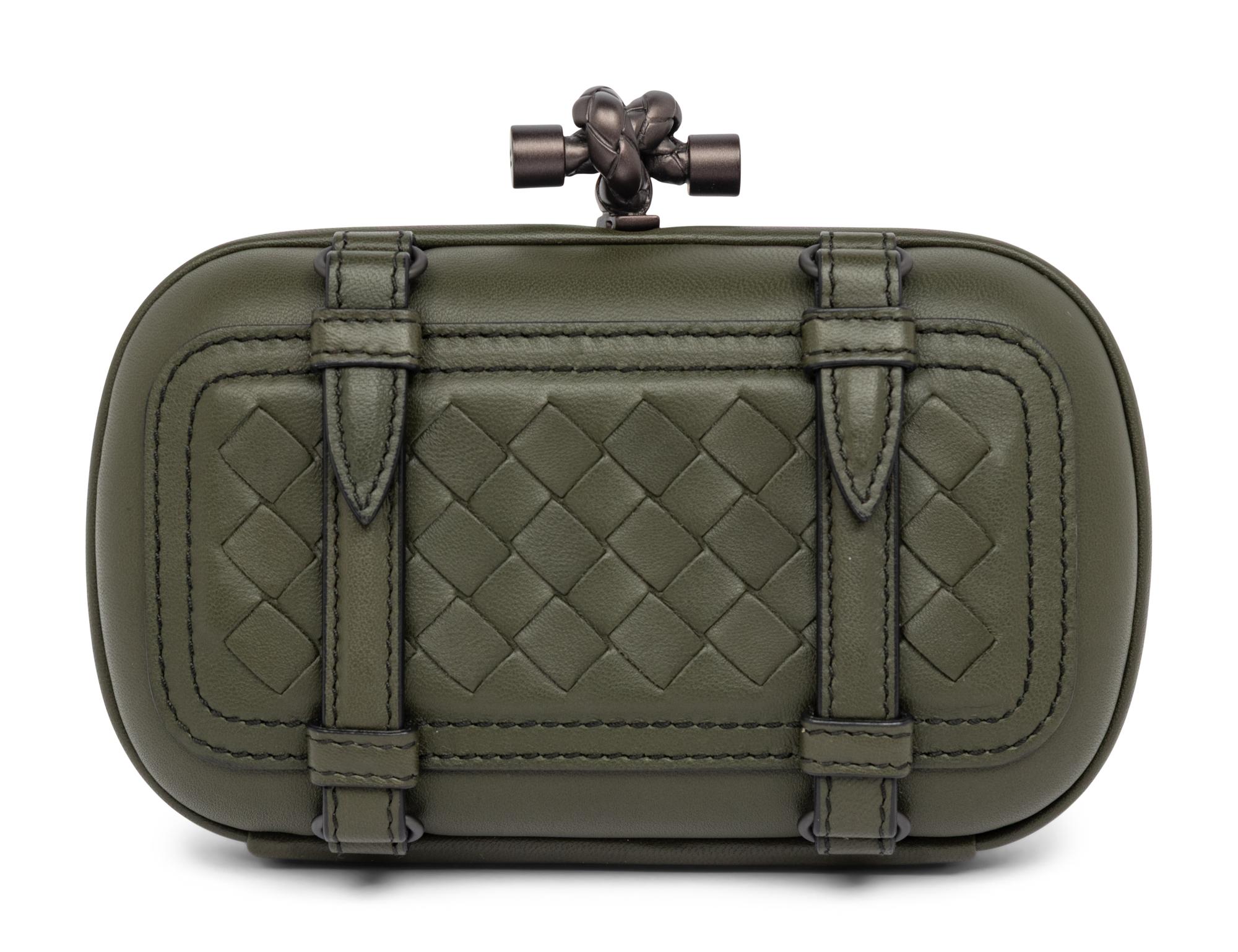 BOTTEGA VENETA, OLIVE GREEN BUCKLED KNOT CLUTCH