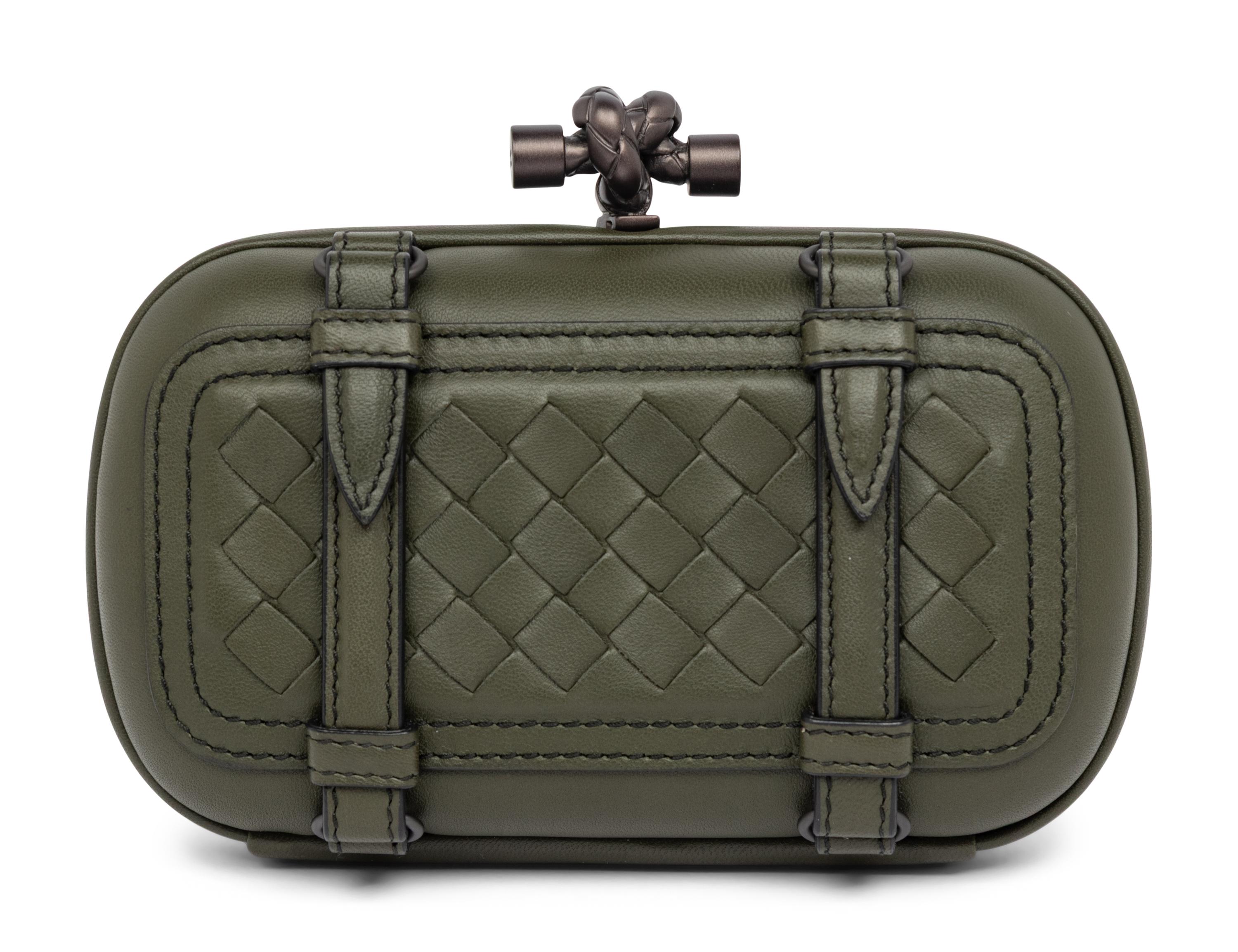 BOTTEGA VENETA, OLIVE GREEN BUCKLED KNOT CLUTCH