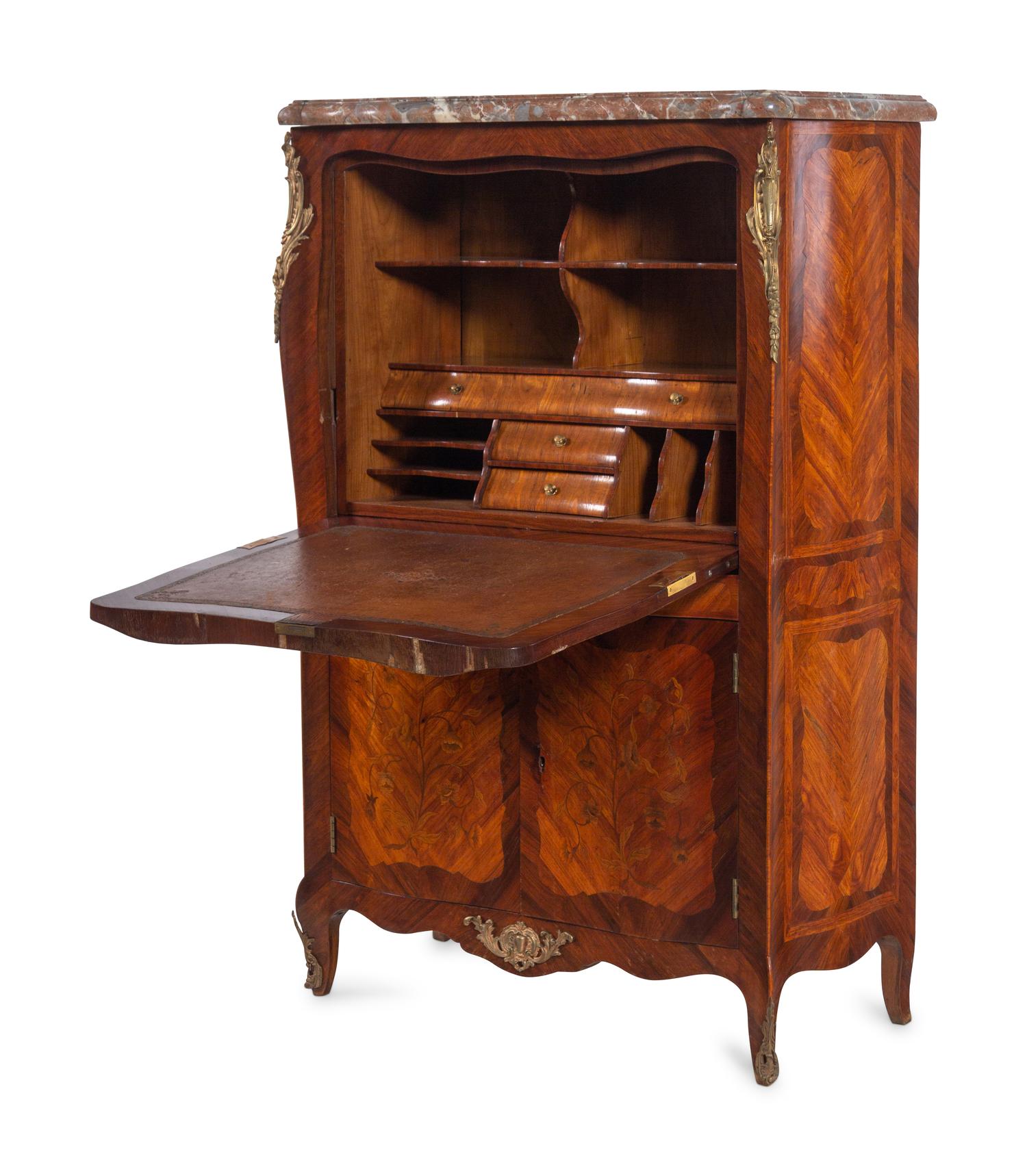 A Louis XV Style Gilt Bronze Mounted Marquetry Marble-Top Secrétaire à Abattant in the Manner of Jean-Pierre Latz