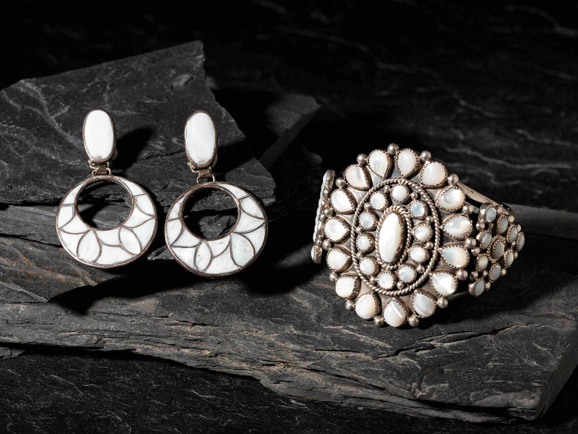 Sterling Silver and Shell Cluster Cuff Bracelet, PLUS