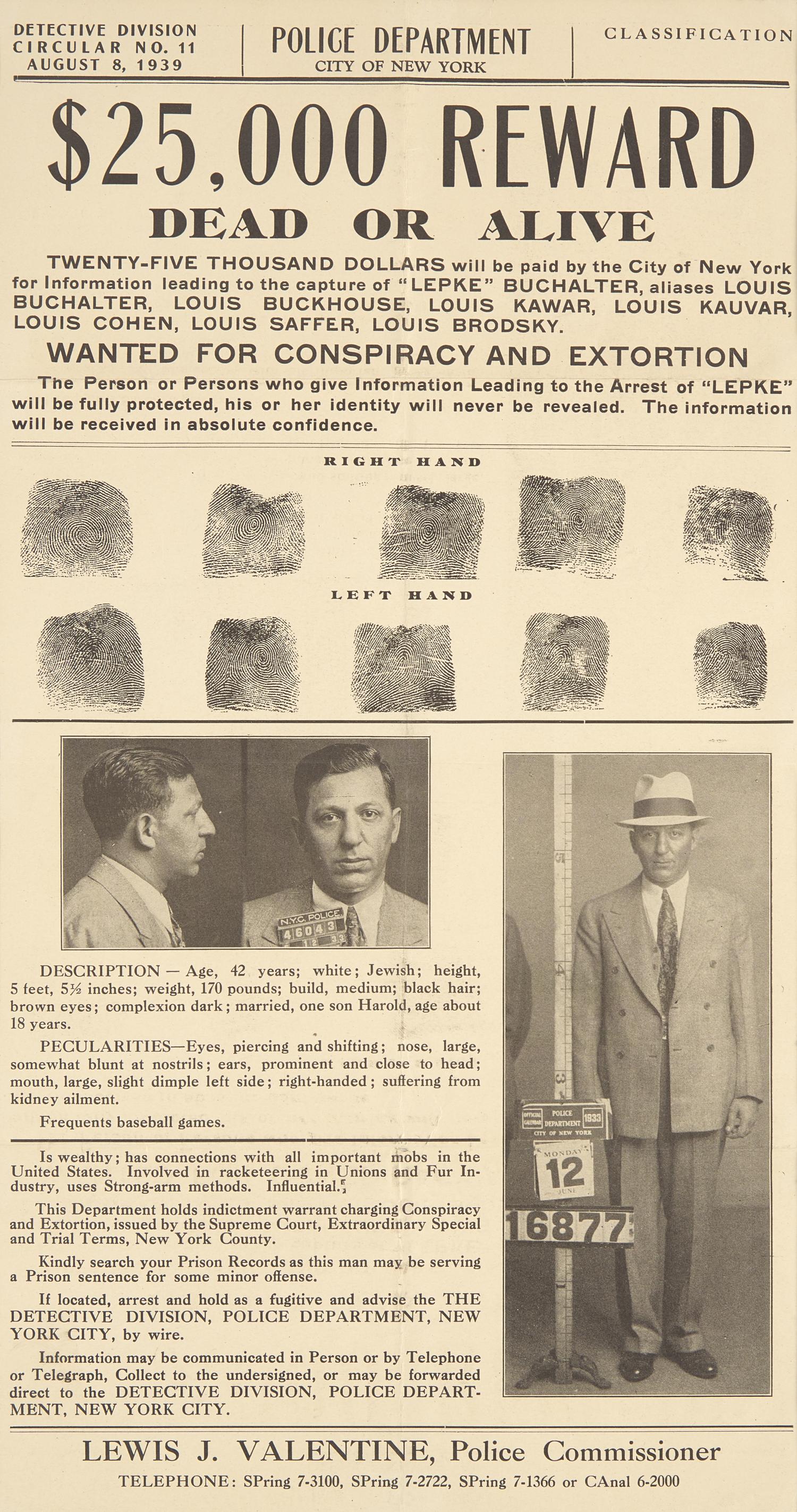 [Gangsters] (Buchalter, Lepke) Original NYPD $25,000 Reward Poster for a Jewish Gangster