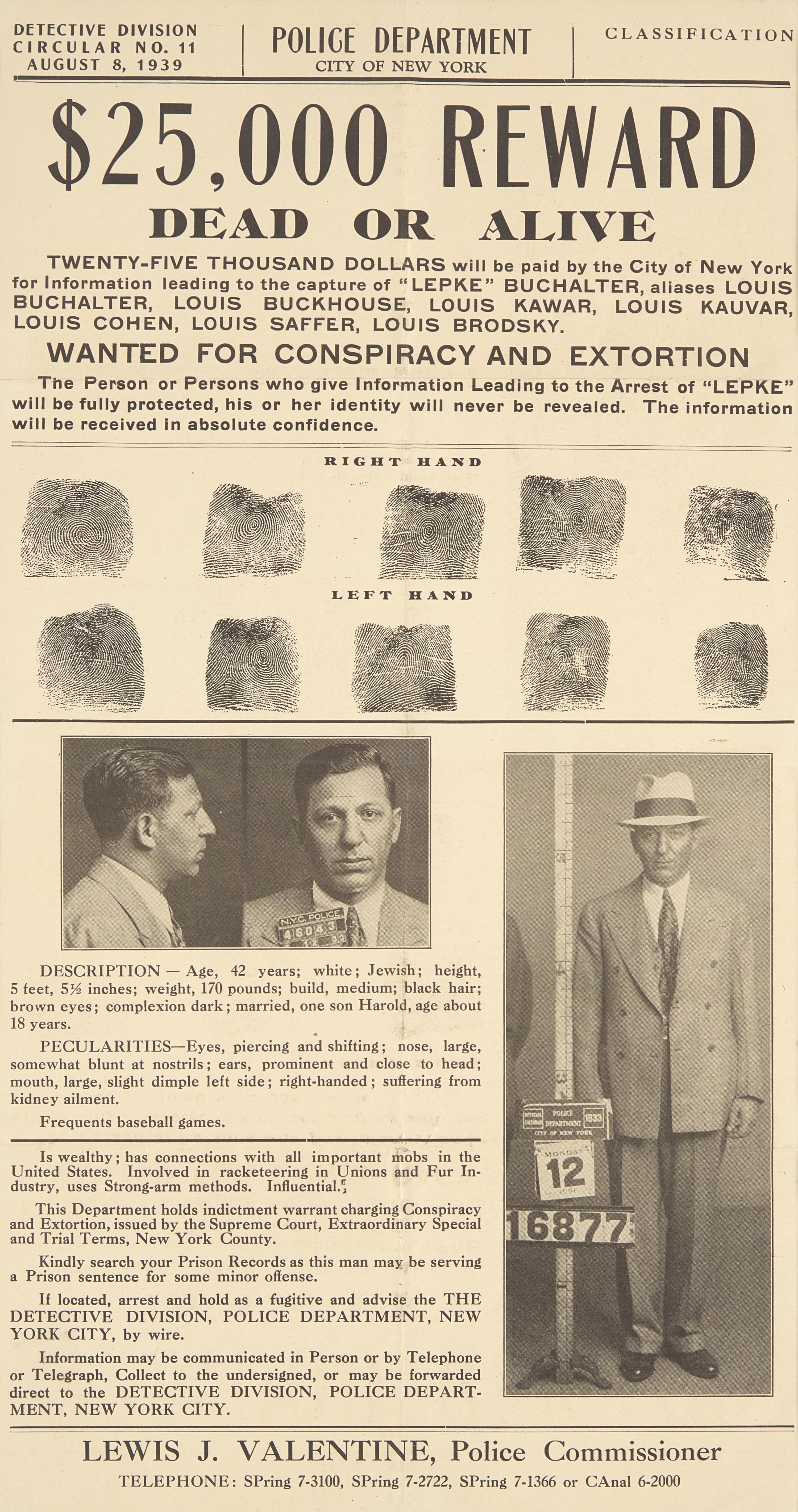 [Gangsters] (Buchalter, Lepke) Original NYPD $25,000 Reward Poster for a Jewish Gangster