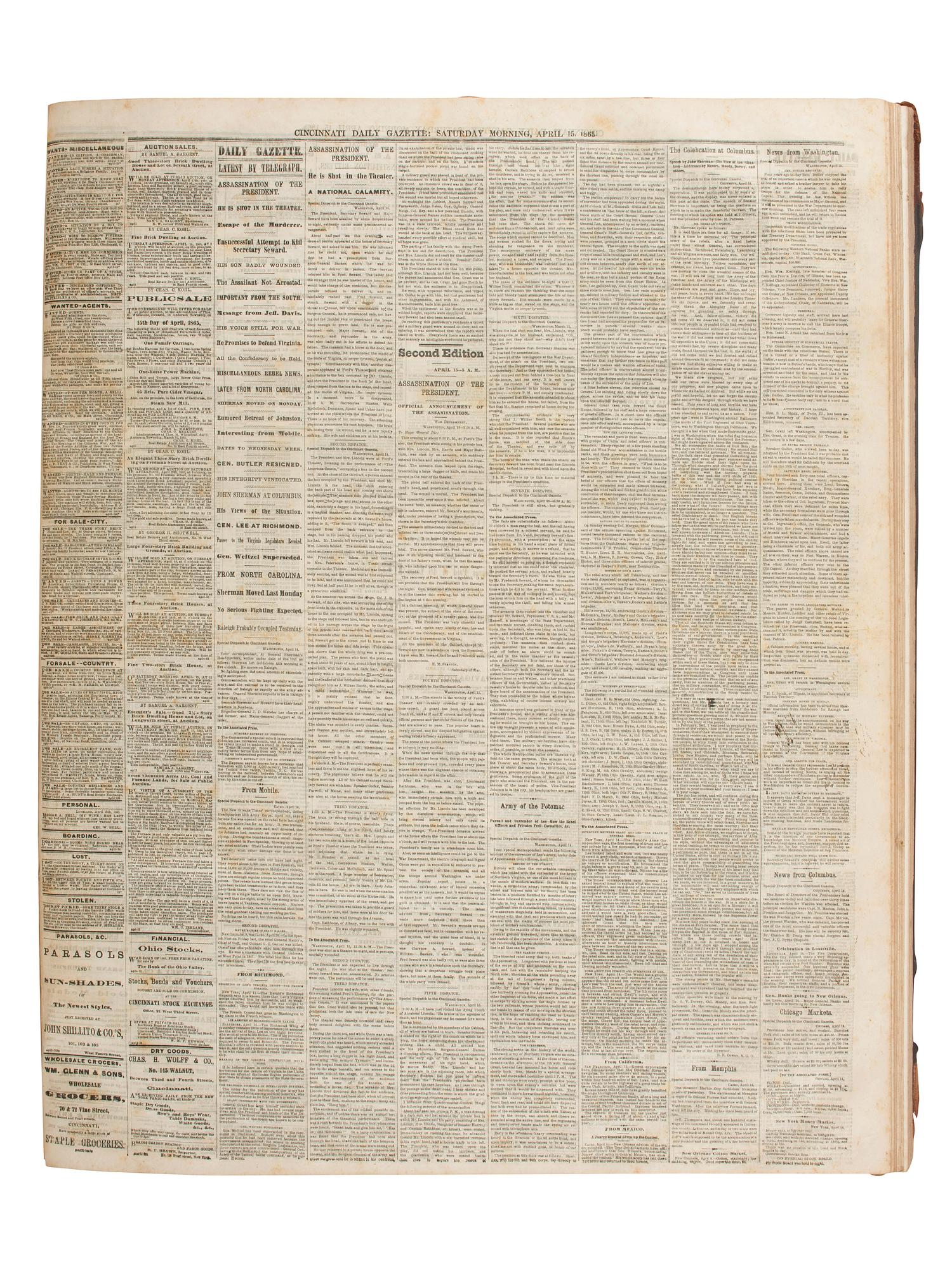 [CIVIL WAR]. Cincinnati Daily Gazette . 318 issues in 2 bound volumes. [ With :] Springfield Weekly Republic . 122 issues. Springfield, OH, 1864-1865. and Lancaster Gazette . 95 issues. Lancaster, OH, 1866-1867.