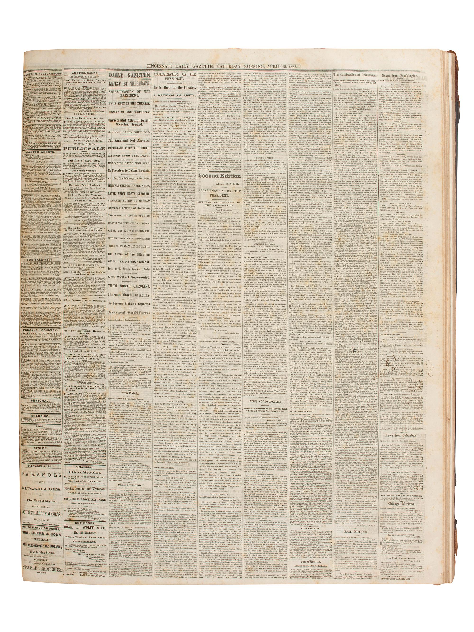 [CIVIL WAR]. Cincinnati Daily Gazette . 318 issues in 2 bound volumes. [ With :] Springfield Weekly Republic . 122 issues. Springfield, OH, 1864-1865. and Lancaster Gazette . 95 issues. Lancaster, OH, 1866-1867.