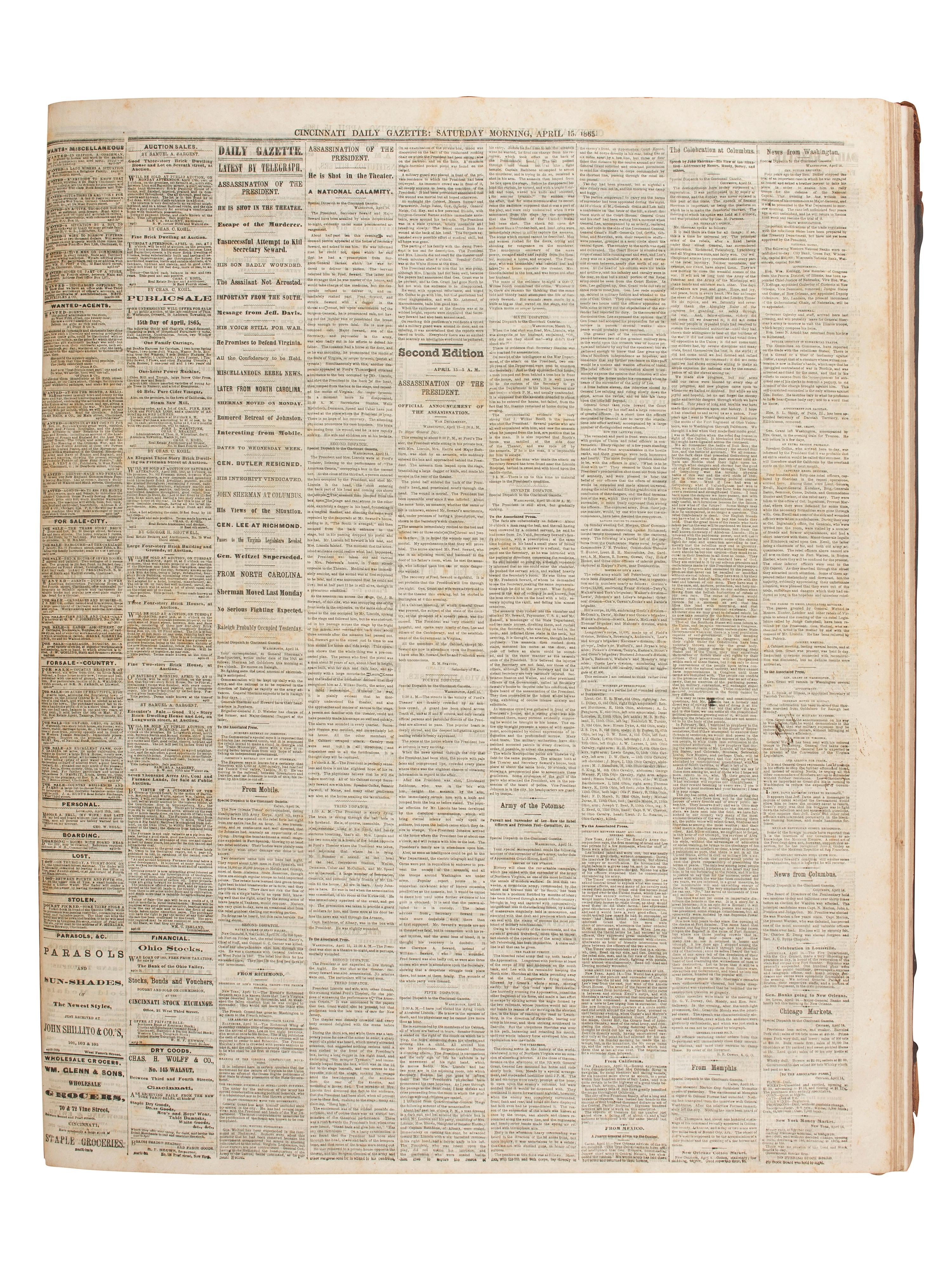 [CIVIL WAR]. Cincinnati Daily Gazette . 318 issues in 2 bound volumes. [ With :] Springfield Weekly Republic . 122 issues. Springfield, OH, 1864-1865. and Lancaster Gazette . 95 issues. Lancaster, OH, 1866-1867.