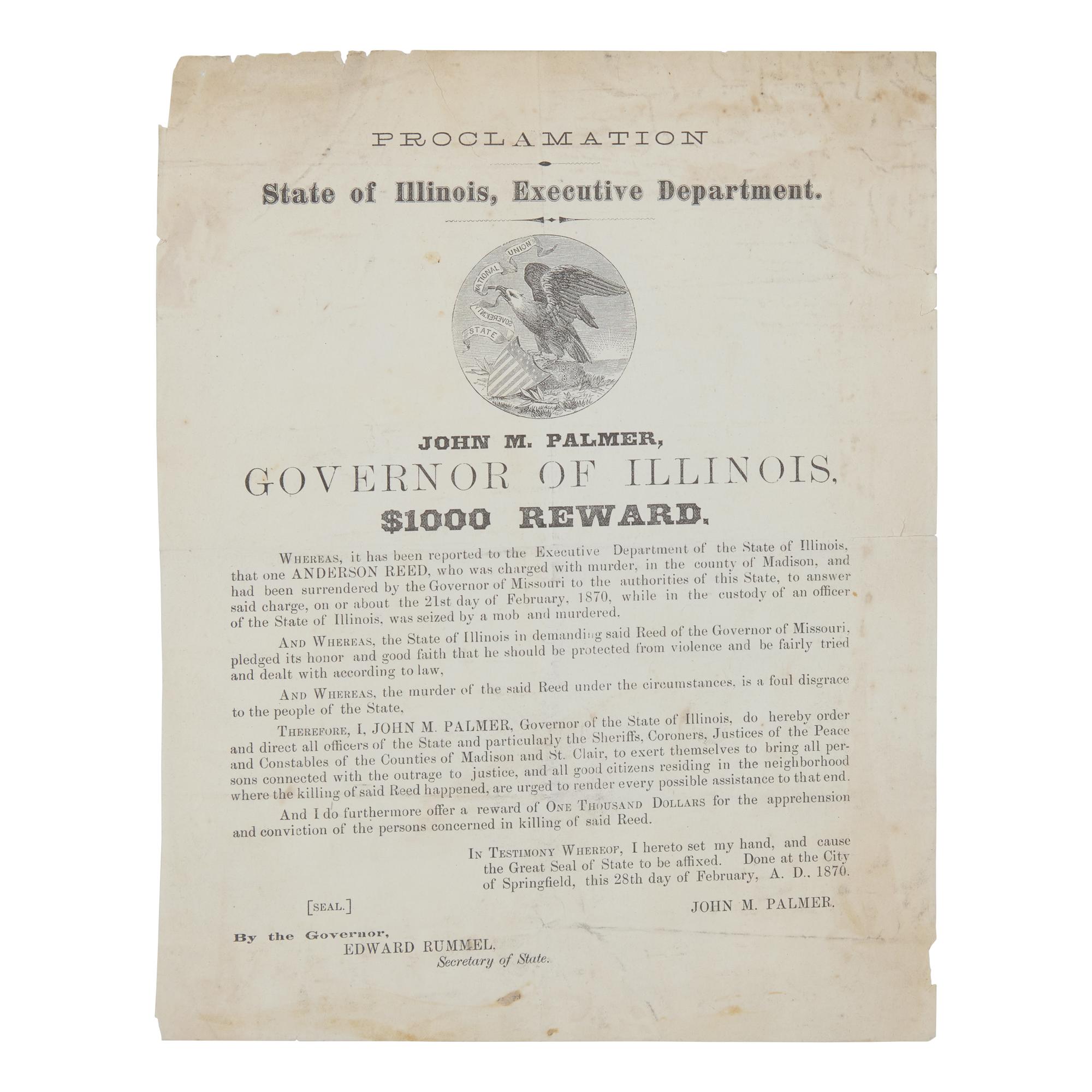 [African-Americana] $1,000 Reward Poster for the Capture of the Perpetrators who Lynched an African American Man