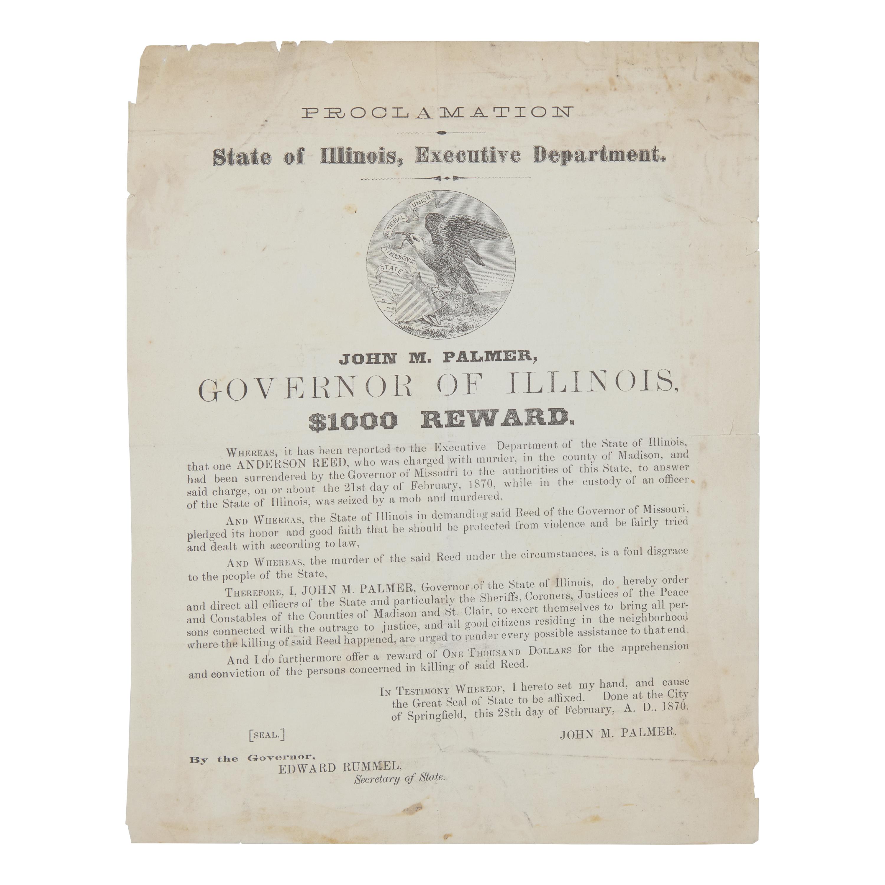 [African-Americana] $1,000 Reward Poster for the Capture of the Perpetrators who Lynched an African American Man