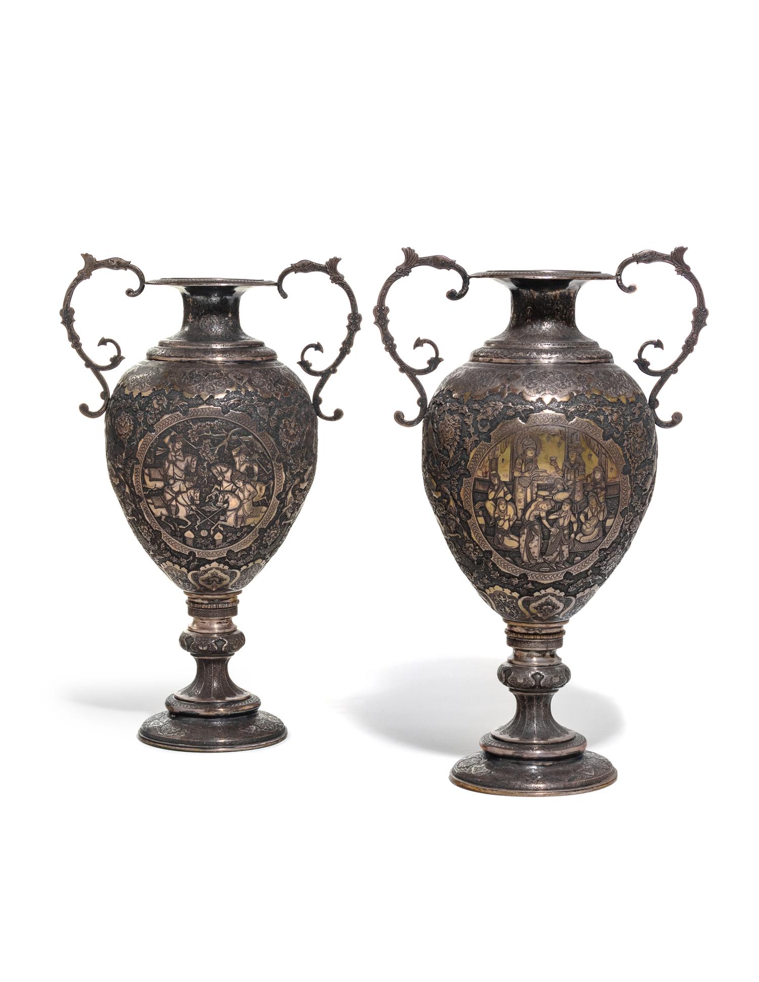 A Pair of Persian Silvered Copper Vases